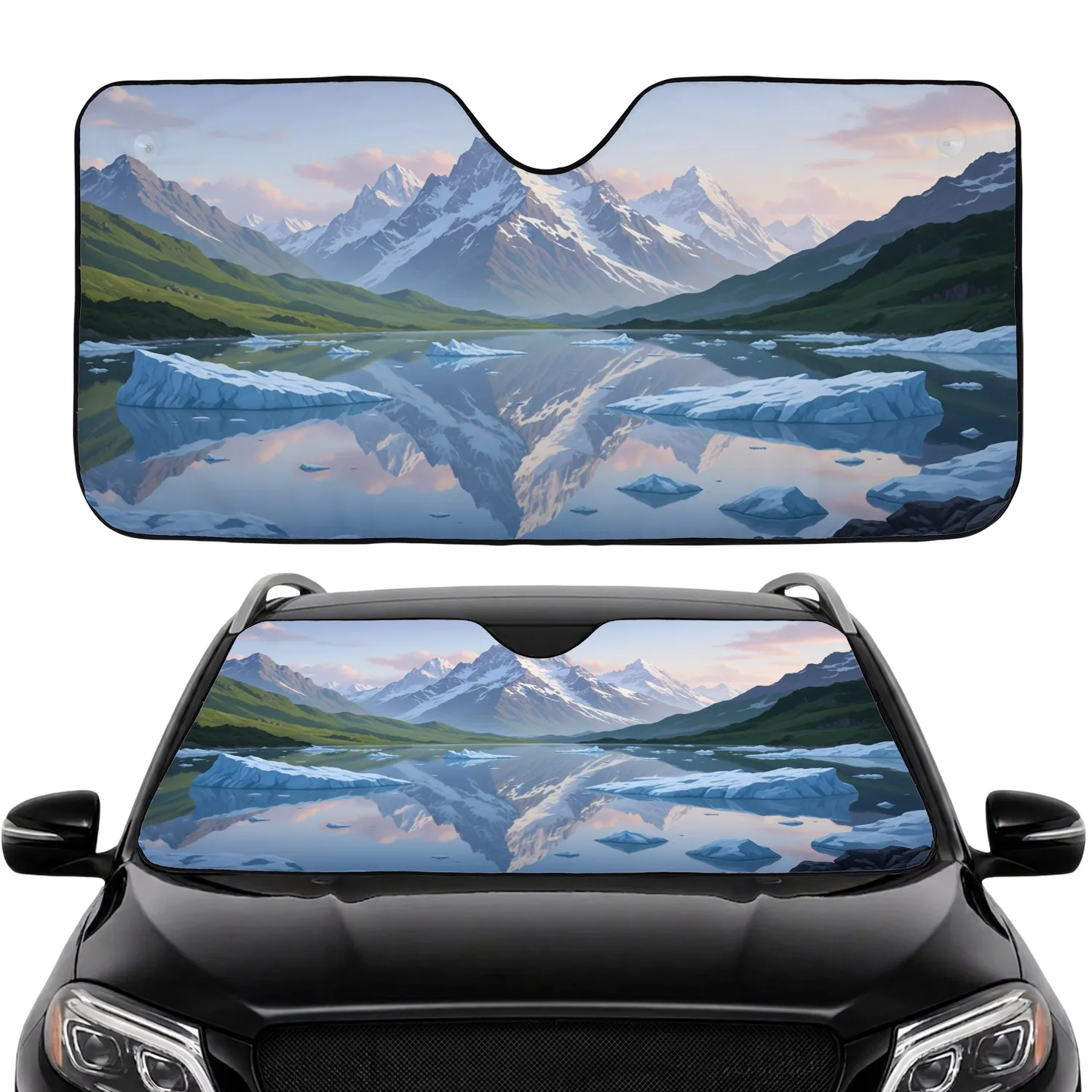Majestic Alpine Mountains Glacial Lake Ice Reflections - Nature Lover Travel Gift Car Sunshade - 1