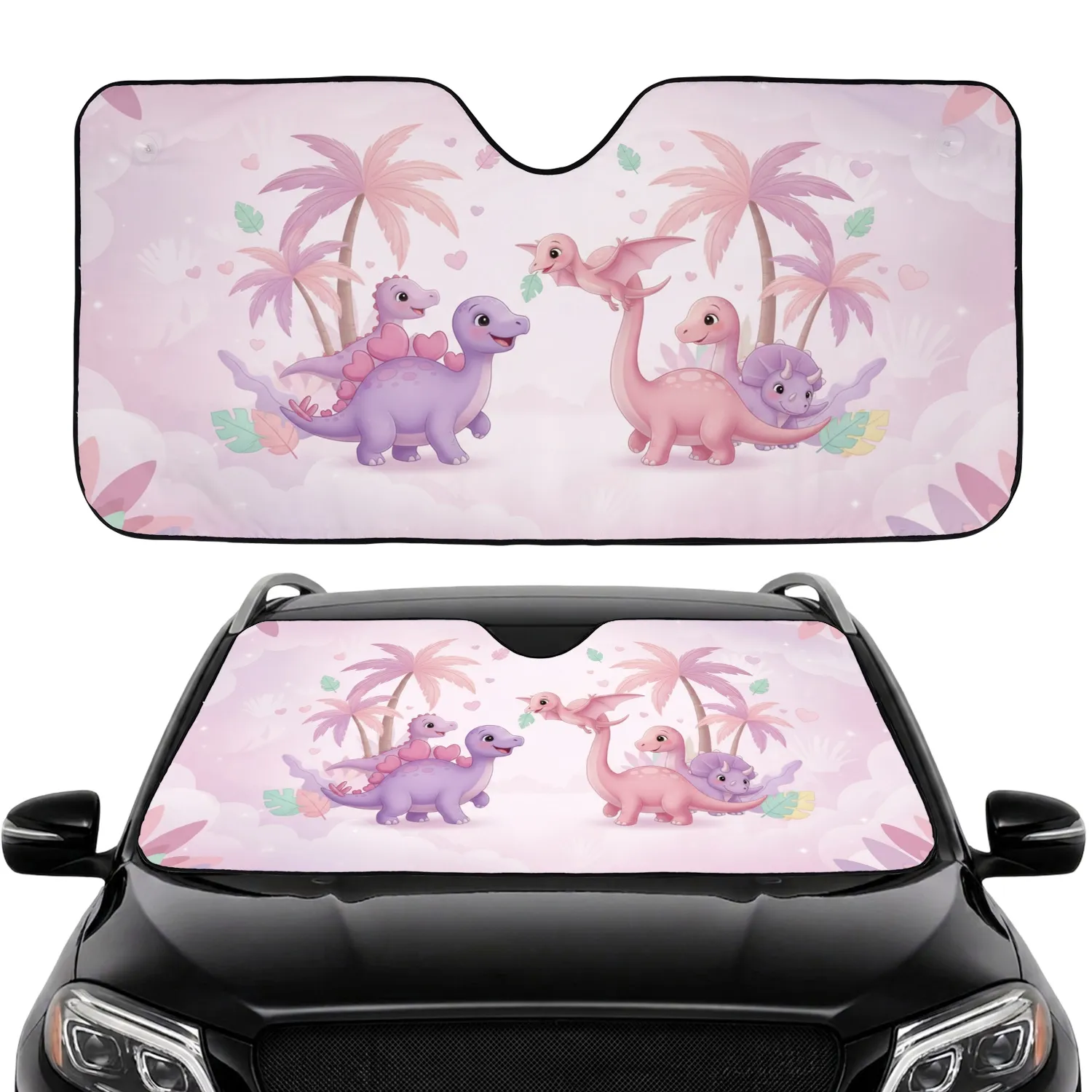 Baby Dinosaurs Stegosaurus Pterodactyl Brontosaurus Palm Trees - Prehistoric Fan Gift Car Sunshade - 1
