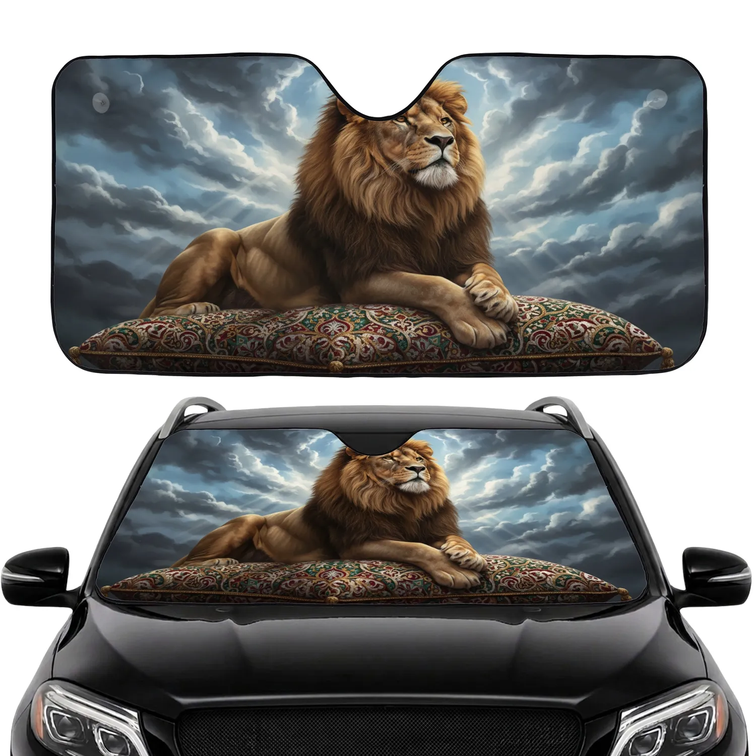 Majestic Regal Lion Reclining Golden Cushion Sky Clouds - Wildlife Lover Car Decor Gift Car Sunshade - 1