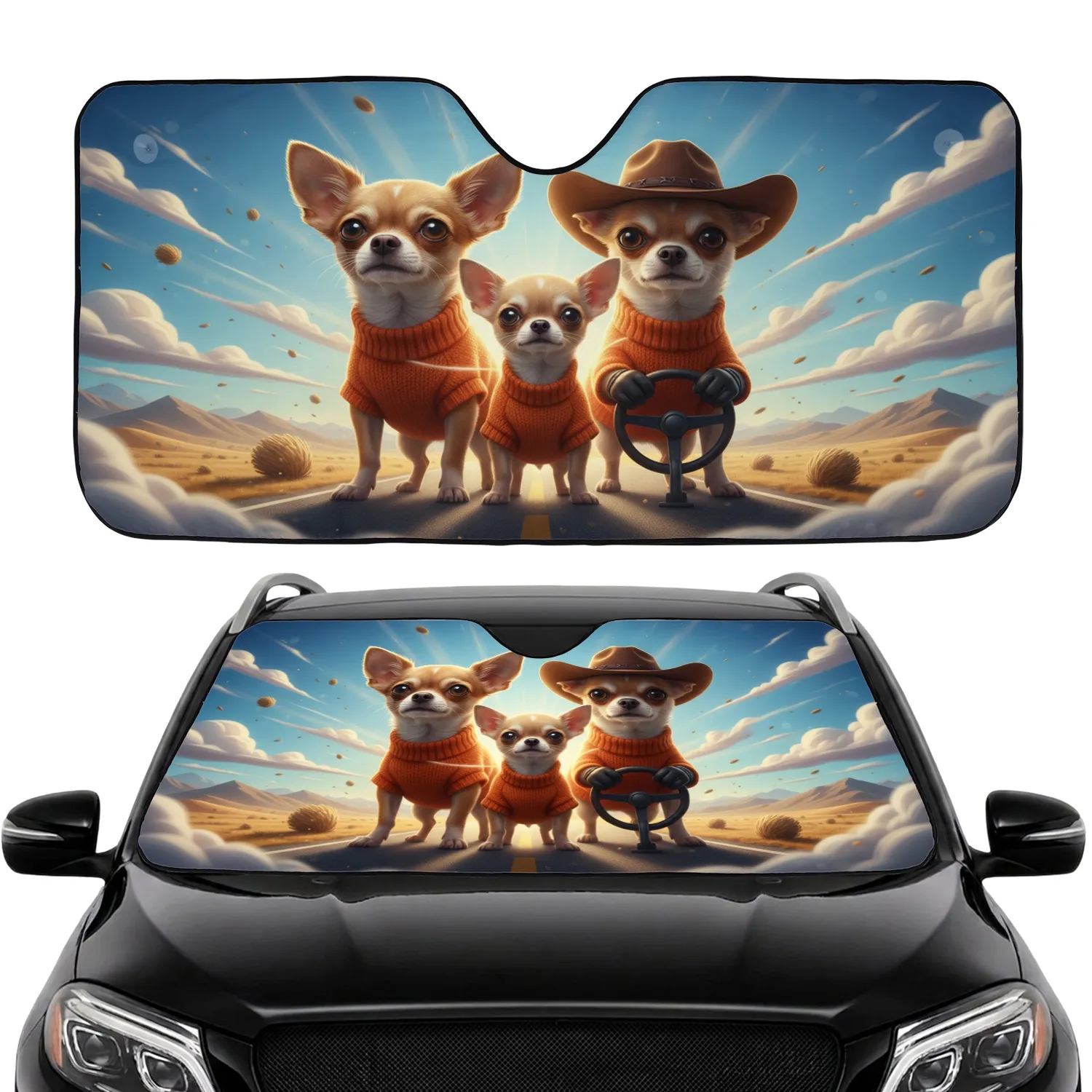 Three Chihuahua Dogs Cowboy Hat Road Trip Adventure - Travel Essentials Gift for Dog Lovers Car Sunshade - 1