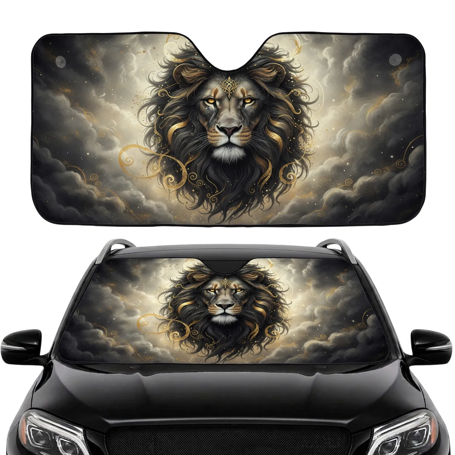 Regal Golden Lion Head Black Mane Gold Accents Smoky Mist - Wildlife Lover Gift Car Sunshade - 1