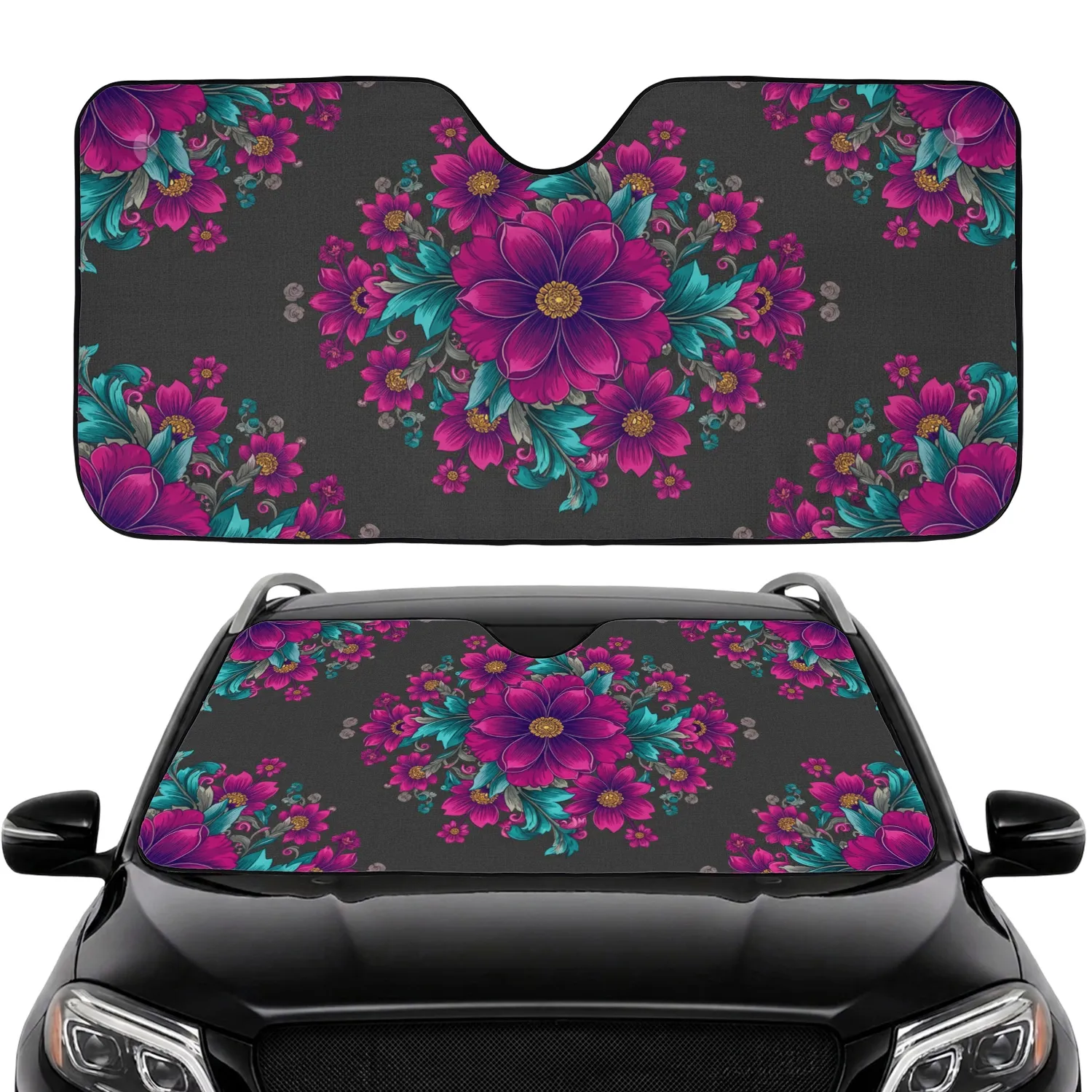 Dense Five-Petaled Flowers Swirling Tendrils Leaves - Car Decor Gift Car Sunshade - 1