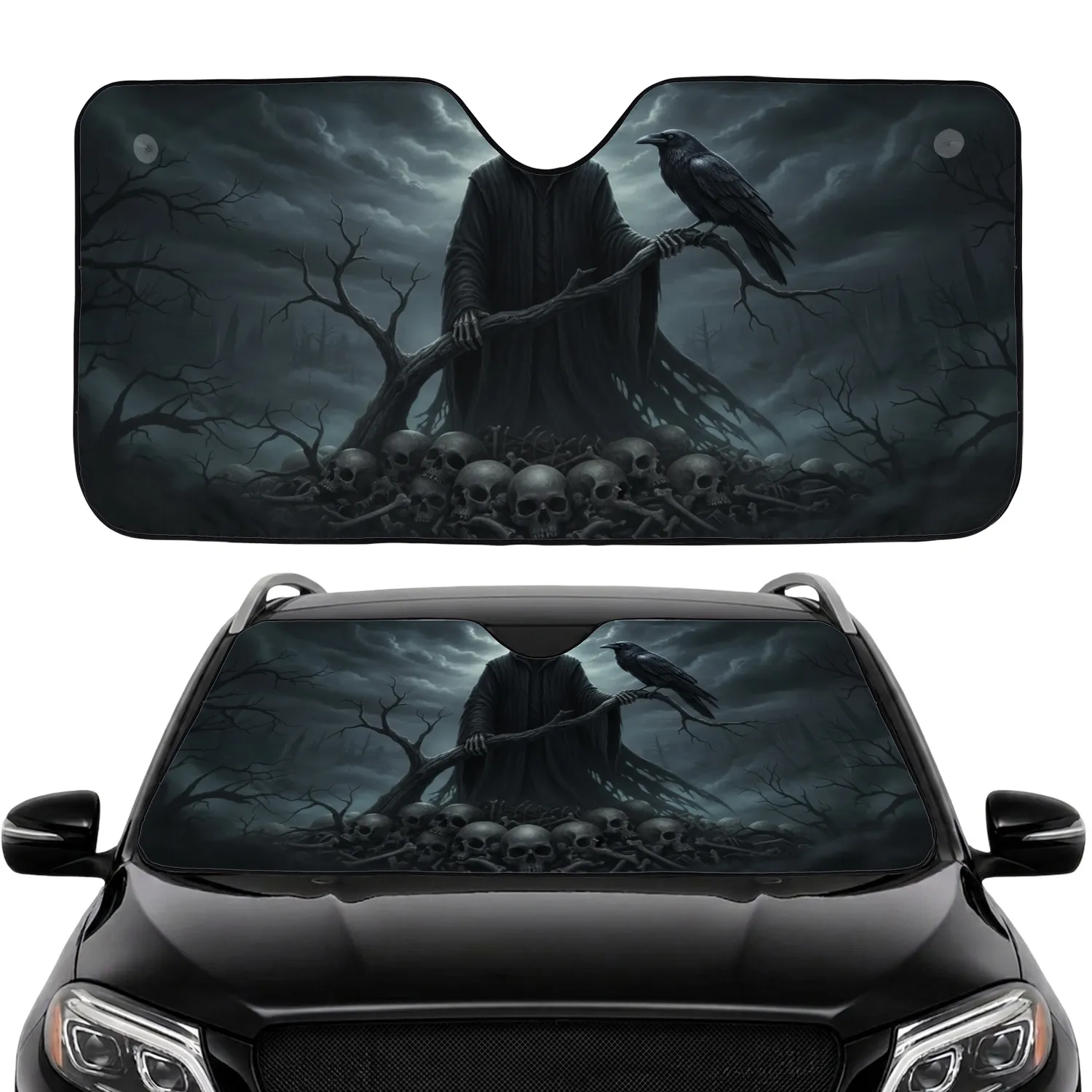 Skeletal Grim Reaper Raven Skulls Gnarled Branch Ominous Forest Desolate Sky - Gothic Fantasy Decor Gift Car Sunshade - 1
