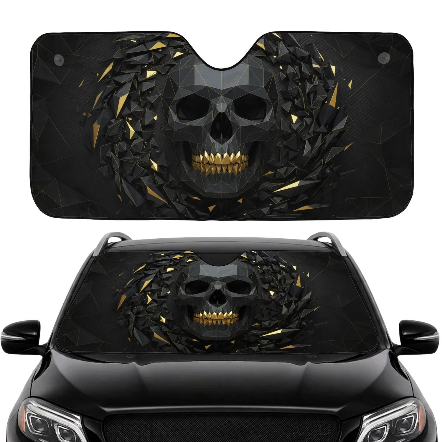Dark Charcoal Geometric Skull With Gold Teeth - Luxury Driver Gift Car Sunshade - 1