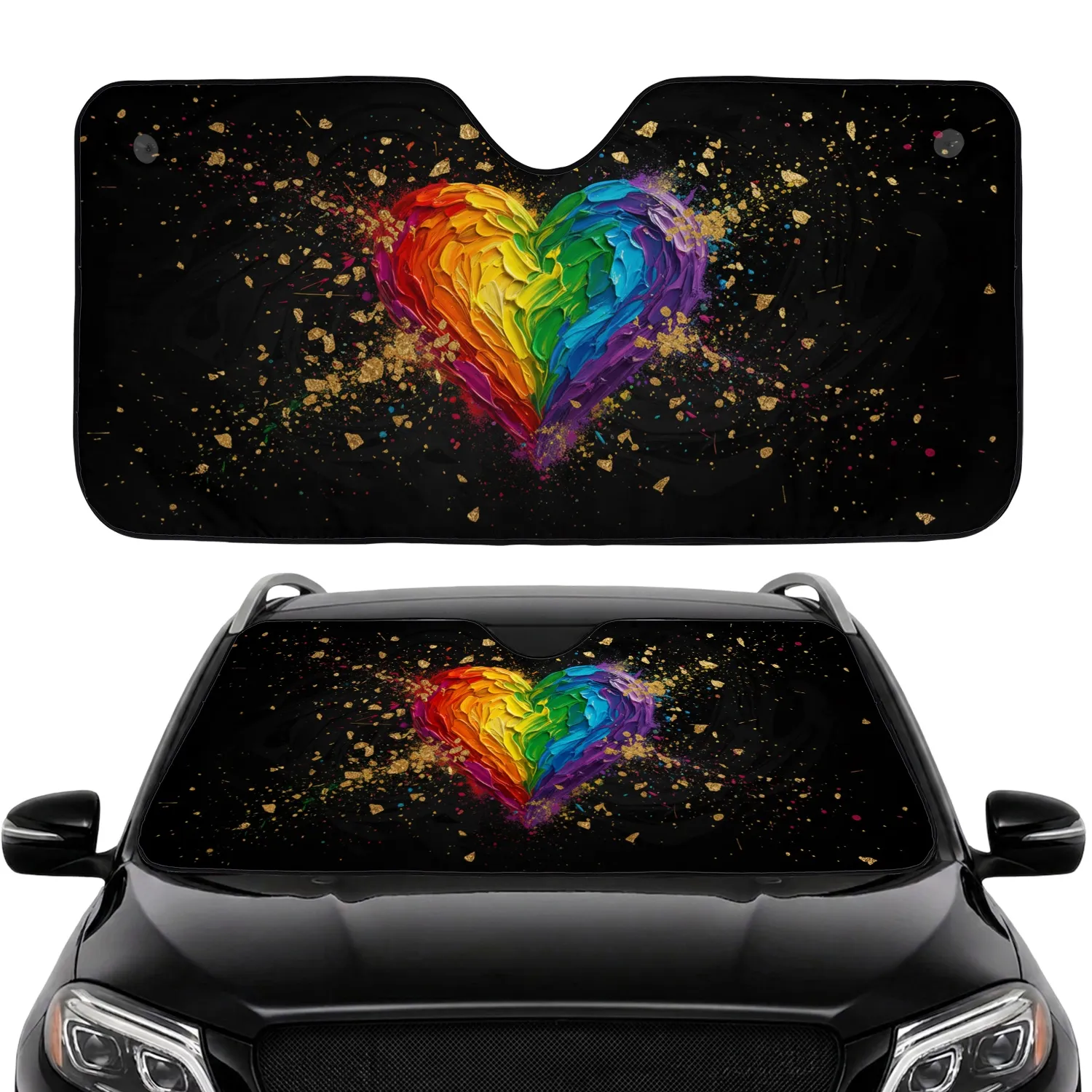 Full Spectrum Rainbow Heart Gold Flecks - Personal Style Gift Car Sunshade - 1