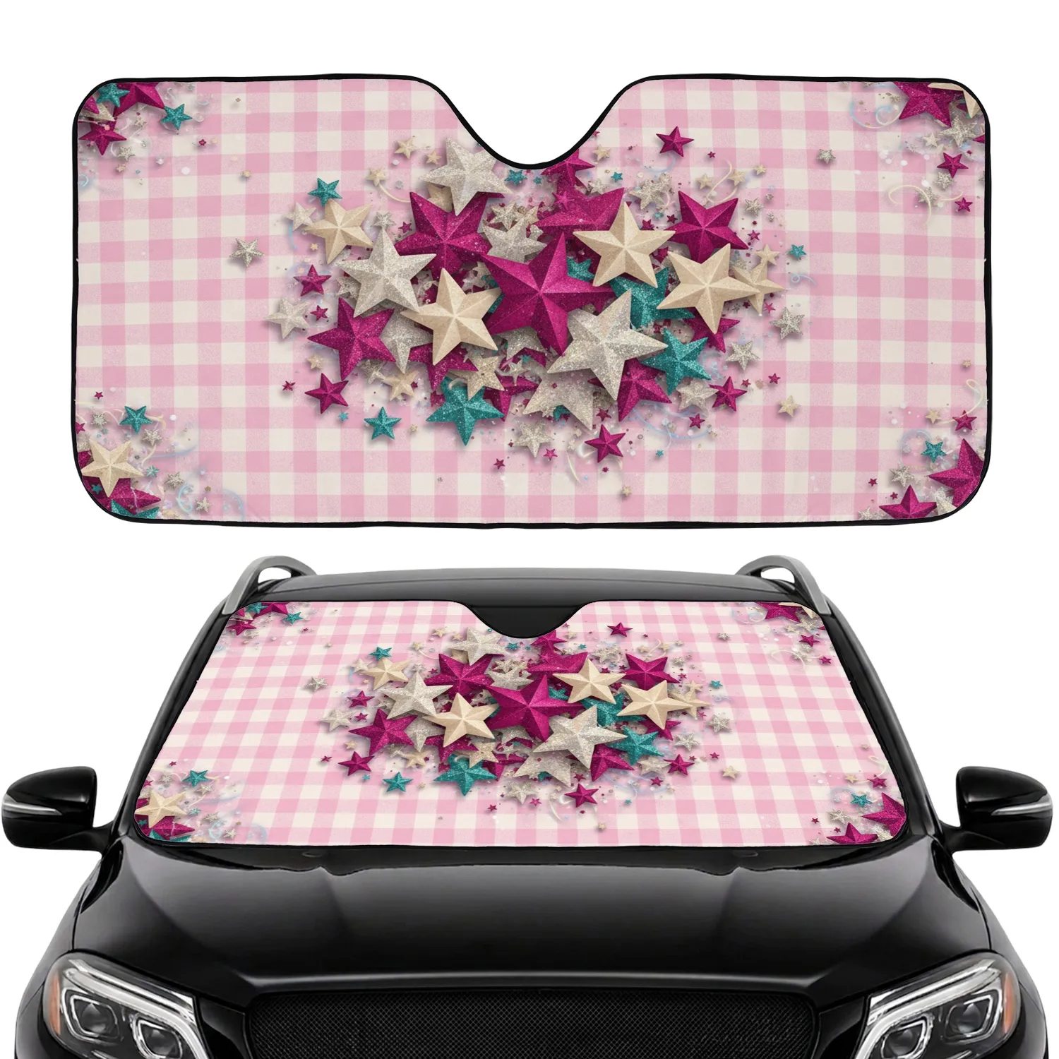 Metallic Glitter Holographic Stars Gingham - Car Decor Gift Car Sunshade - 1