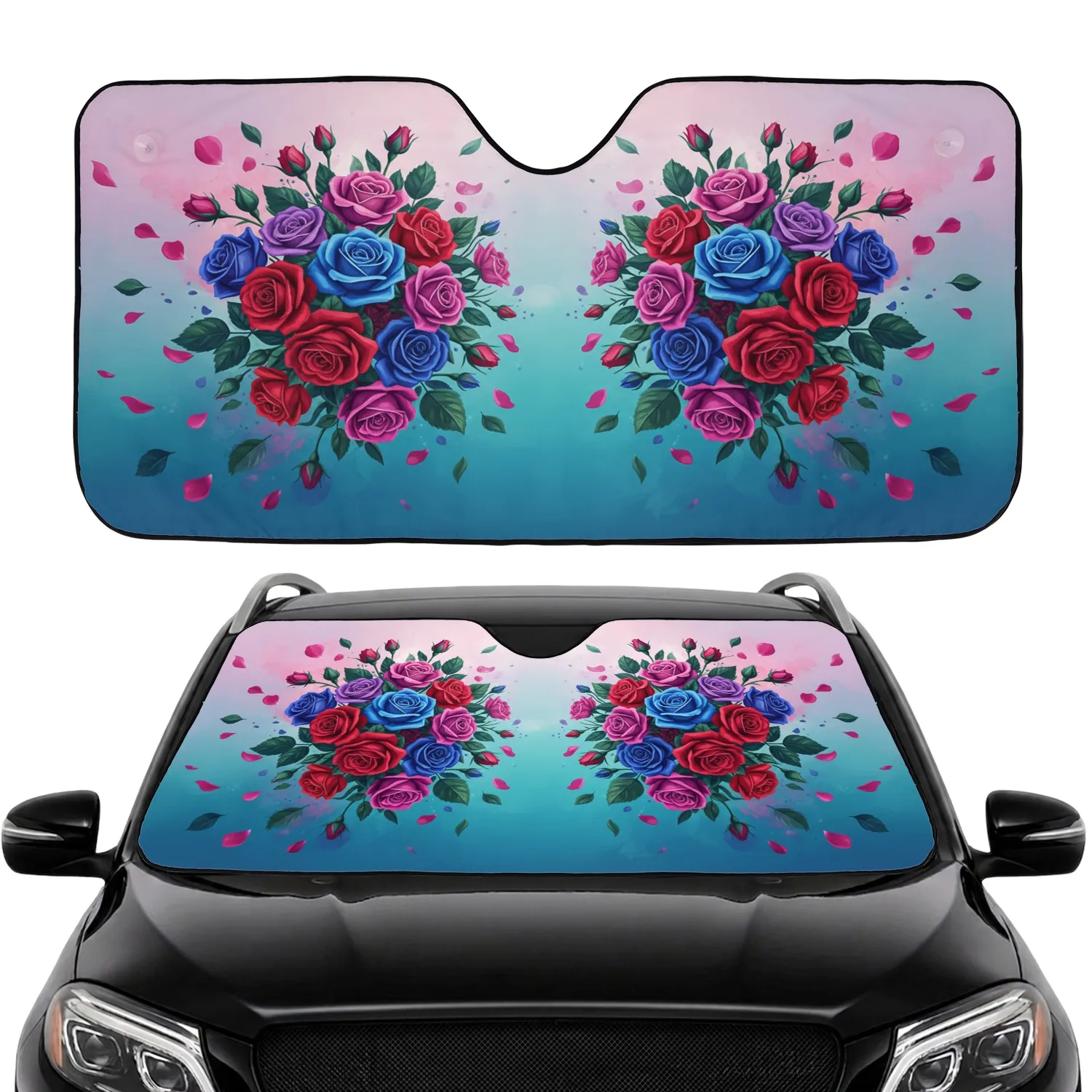 Lush Symmetrical Rose Bouquets - Vibrant Floral Everyday Use Gift Car Sunshade - 1