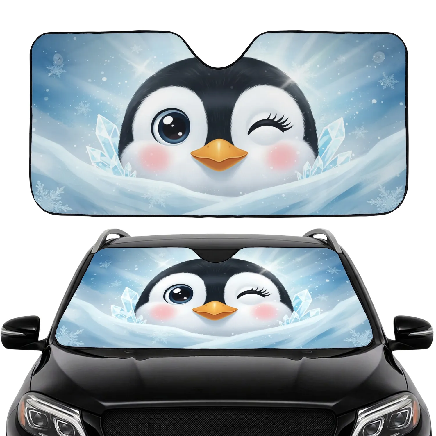Winking Eye Penguin Ice Crystals Snowflakes - Wildlife Lover Winter Gift Car Sunshade - 1