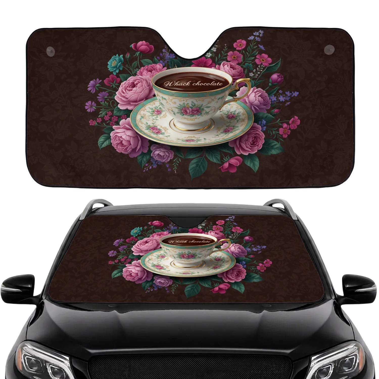 Vintage Porcelain Teacup Whack Chocolate Botanical - Car Interior Upgrade Car Sunshade - 1