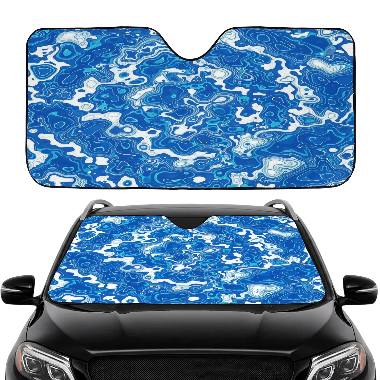 Royal Blue White Flowing Waves Liquid Marble Topographic Map Car Interior Upgrade Car Sunshade - 1