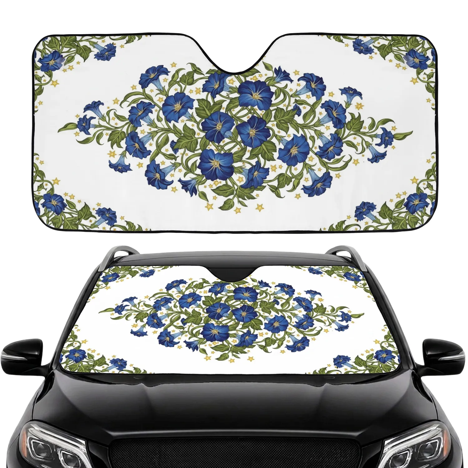 Deep Blue Flowers Botanical Tapestry Golden Stars Car Interior Upgrade Car Sunshade - 1