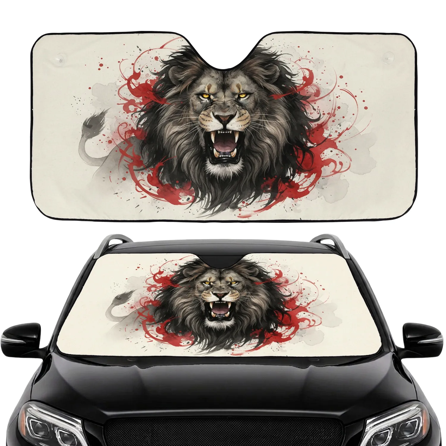 Lion Roar Fangs Golden Eyes Mane Red Ink Splashes - Wildlife Lover Gift Car Sunshade - 1