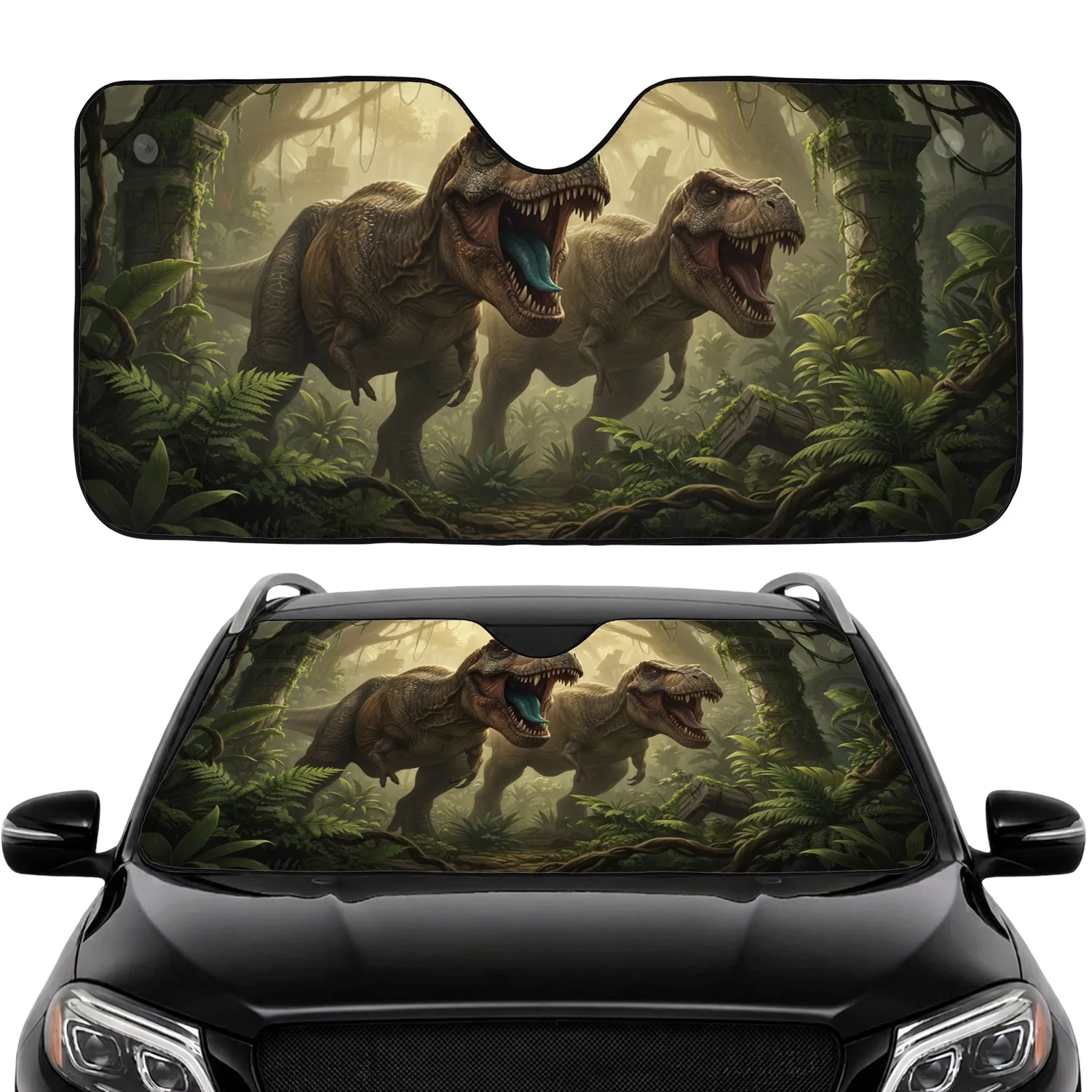 Fierce Roaring Tyrannosaurus Rex Dinosaurs Tropical Jungle Ruin - Prehistoric Fan Gift Car Sunshade - 1