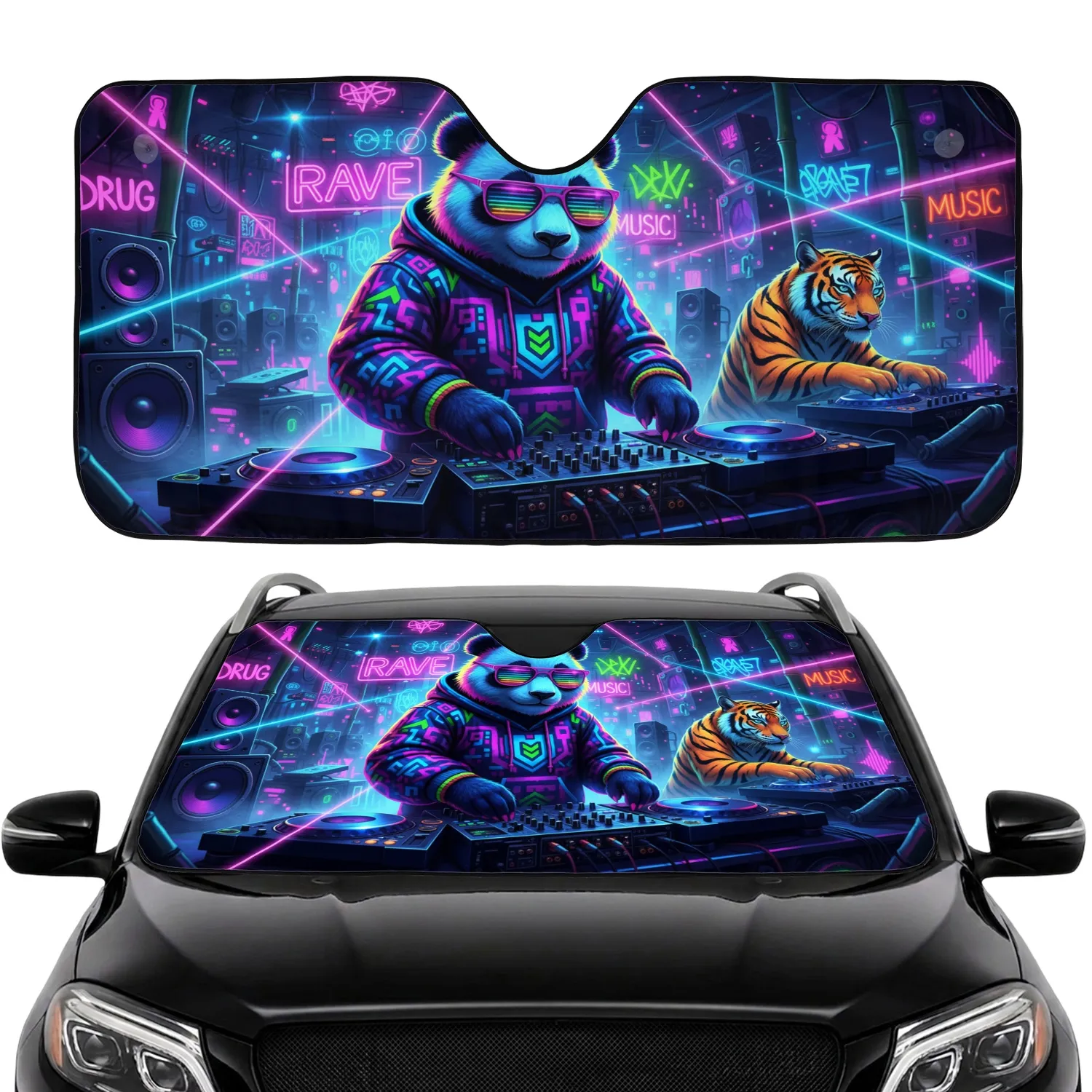 Panda Tiger DJ Futuristic Rave Club Lasers Turntables - Music Lover Party Event Gift Car Sunshade - 1