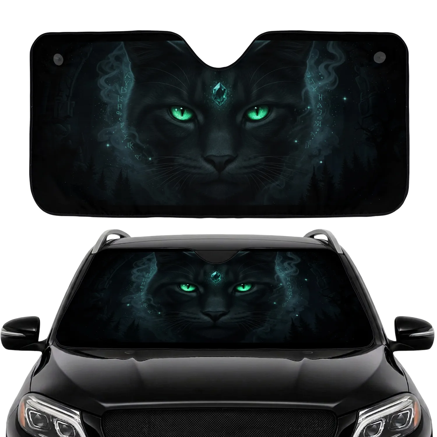 Feline Emerald Green Eyes Glowing Gem - Fantasy Lover Cat Lover Gift Car Sunshade - 1