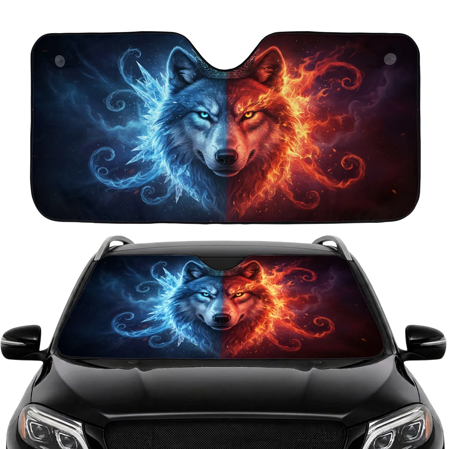 Glowing Icy Fire Split Wolf Head Silver Crown - Car Decor Gift for Wildlife Lovers Car Sunshade - 1