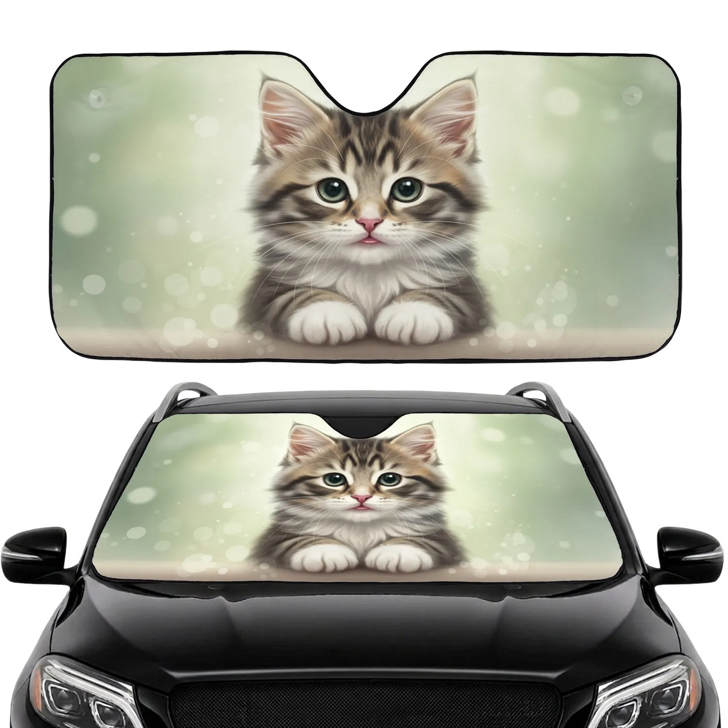 Fluffy Tabby Kitten Blue-Green Eyes Pink Tongue Long Whiskers - Pet Owner Gift Car Sunshade - 1