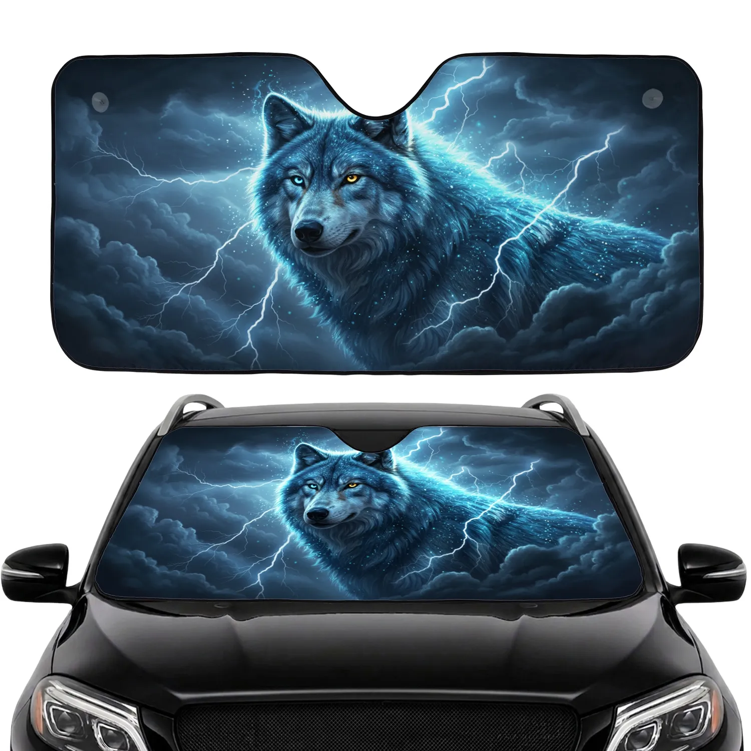Majestic Electric Cyan Wolf Heterochromatic Eyes Stormy Lightning - Wildlife Lover Gift Car Sunshade - 1