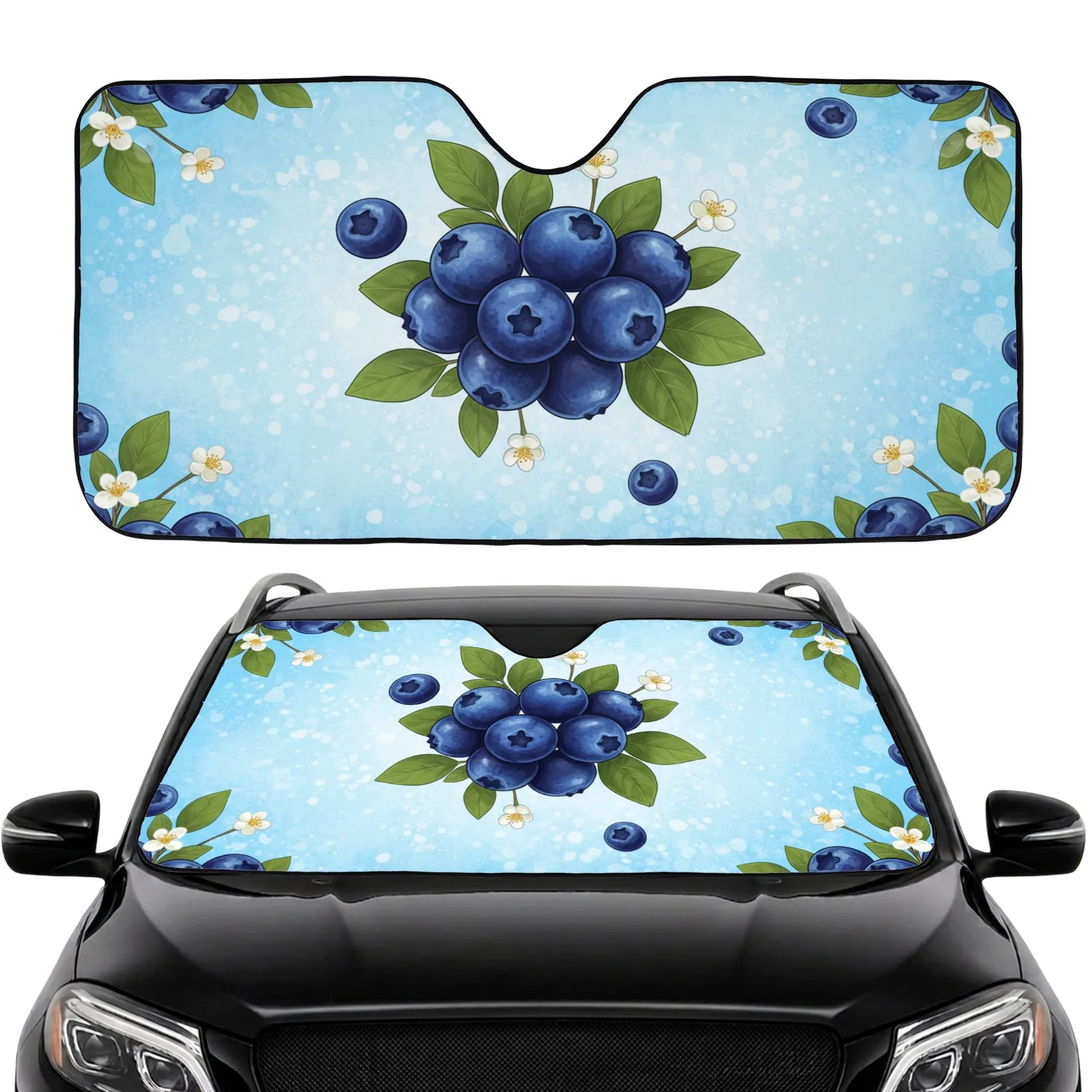 Juicy Blueberries Green Leaves Delicate Flowers - Botanical Garden Gift Car Sunshade - 1