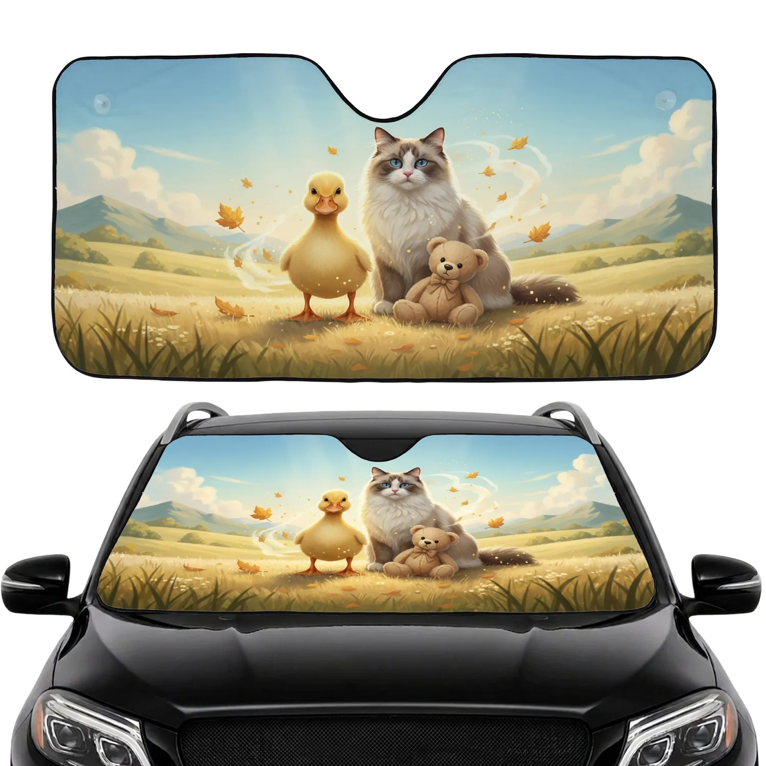 Baby Duck Ragdoll Cat Blue Eyes Teddy Bear Rolling Hills Sky - Wildlife Lover Gift Car Sunshade - 1