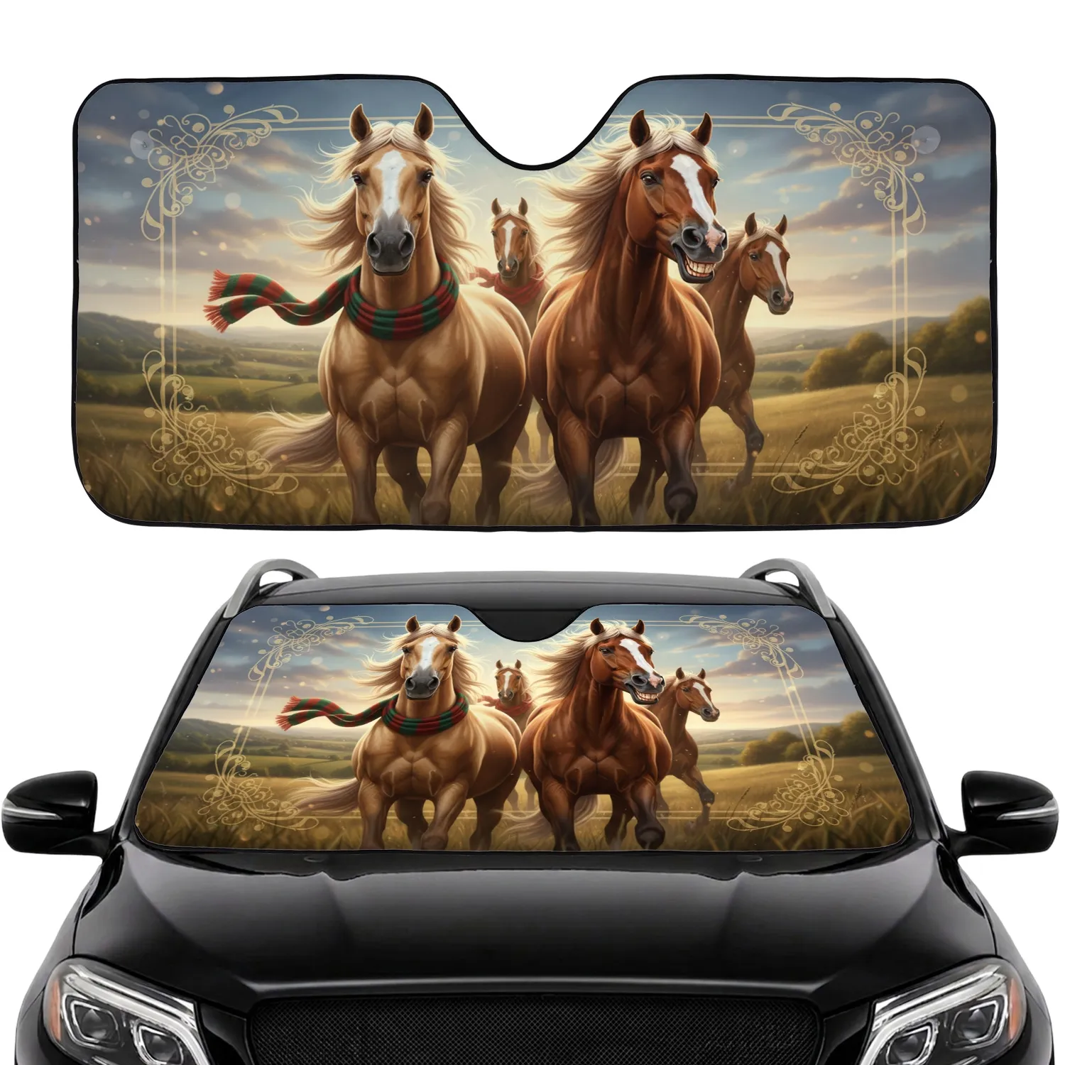 Expressive Horses Golden Hour Countryside Scene - Horse Lover Gift Car Sunshade - 1