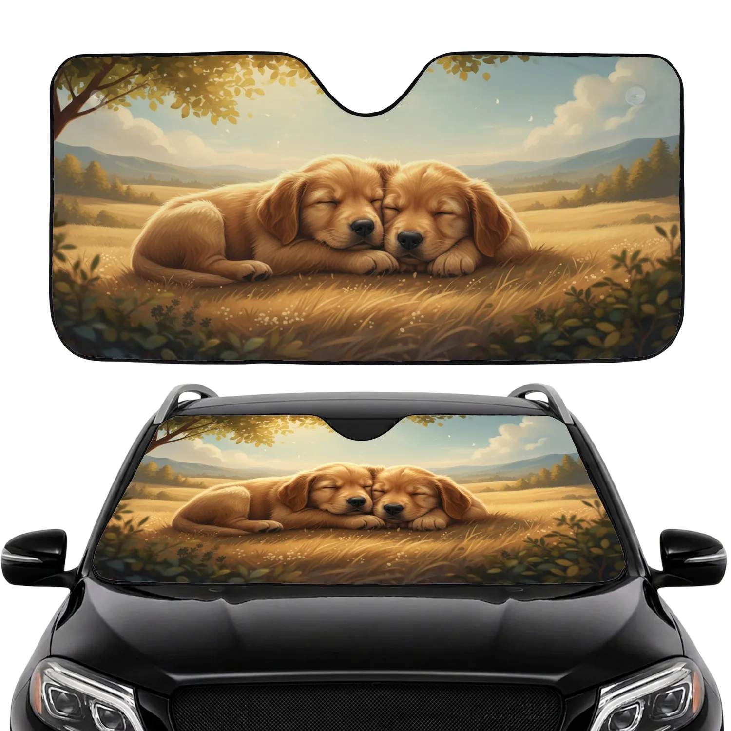 Snuggled Golden Retriever Puppies Meadow - Dog Lover Travel Gift Car Sunshade - 1