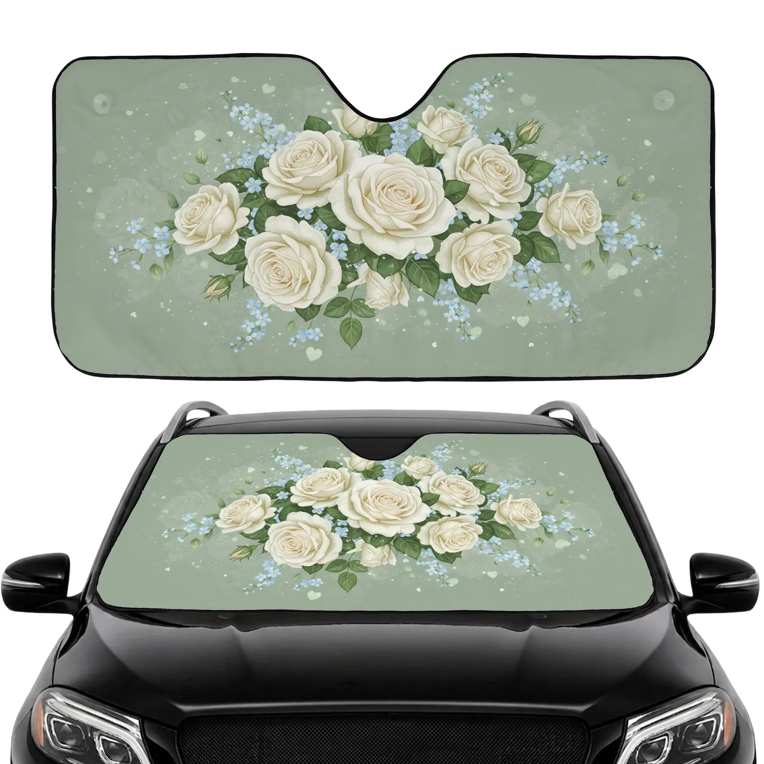 Creamy White Roses Pale Blue Flowers Light Green Hearts Car Decor Gift Car Sunshade - 1
