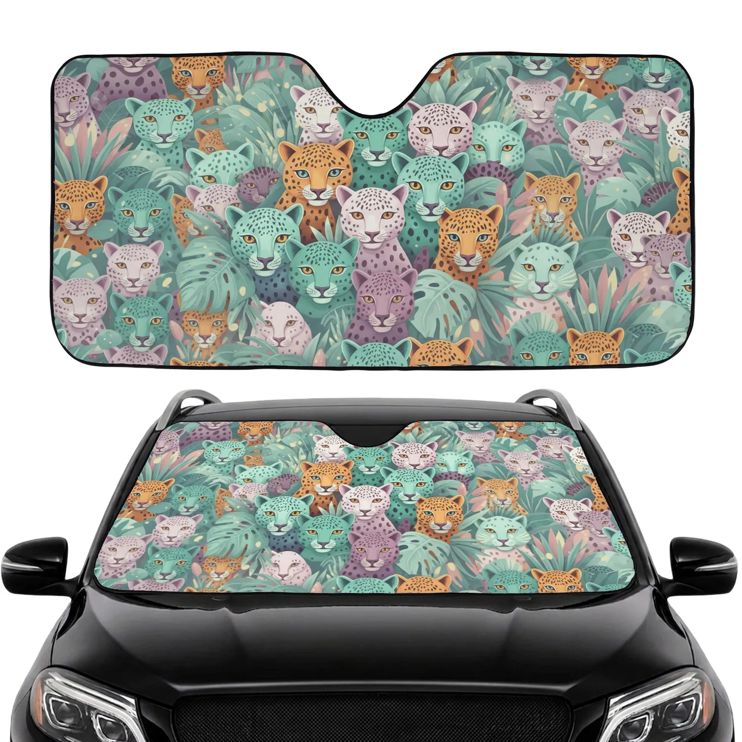 Jungle Cat Leopard Faces Tropical Leaves - Wildlife Lover Gift for Cat Lover Car Sunshade - 1