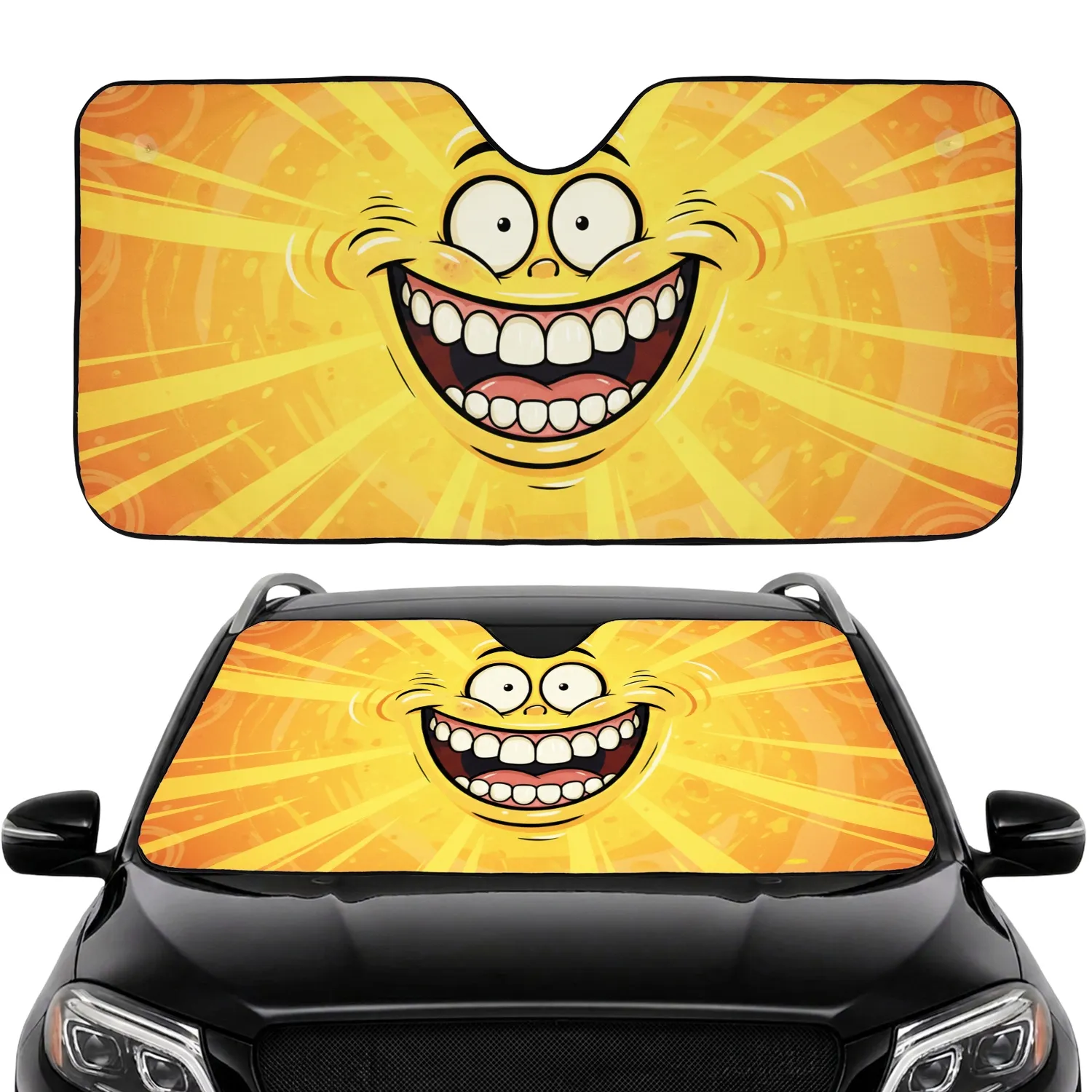 Wide-Eyed Grinning Cartoon Face with Bright White Teeth - Cartoon Fan Gift Car Sunshade - 1