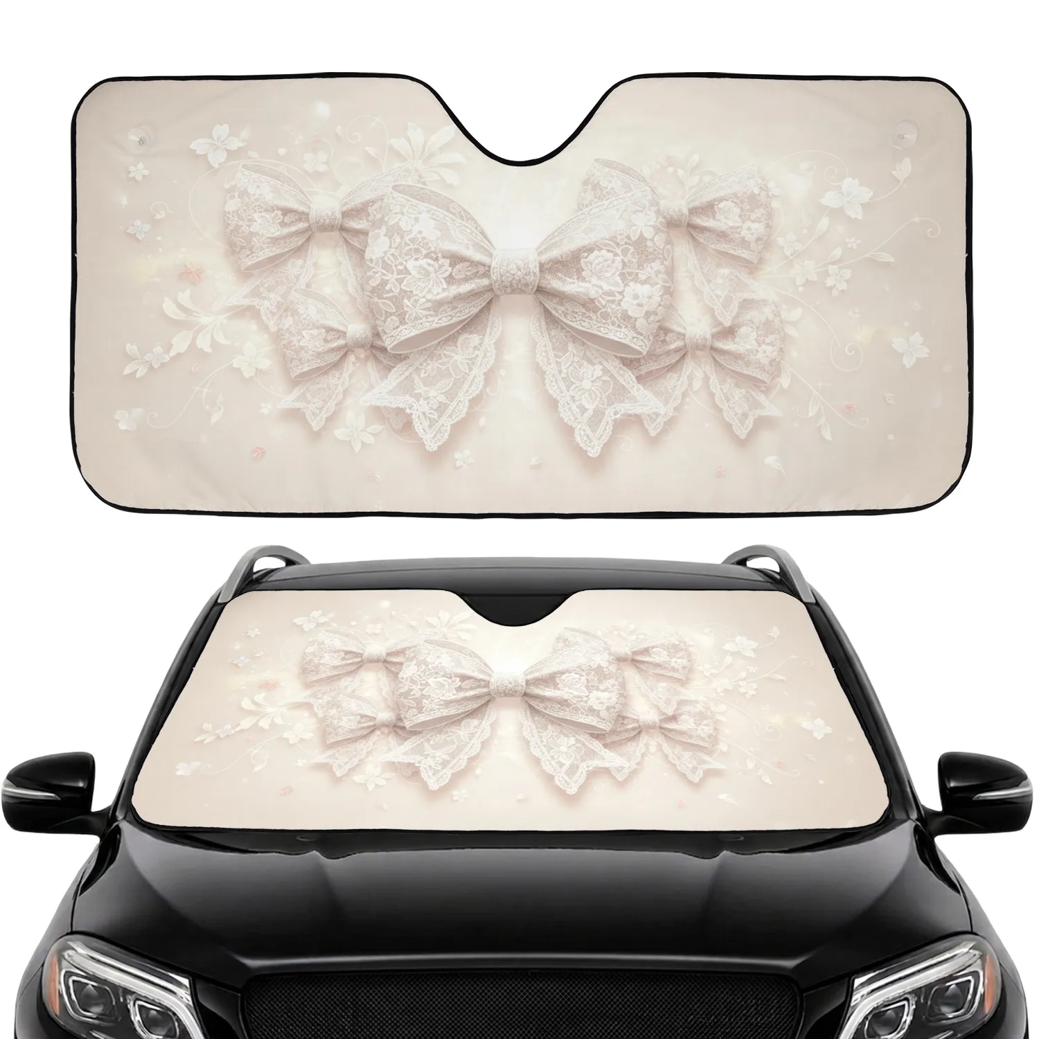 White Lace Bows Floral Accents Mesh - Car Decor Gift Car Sunshade - 1