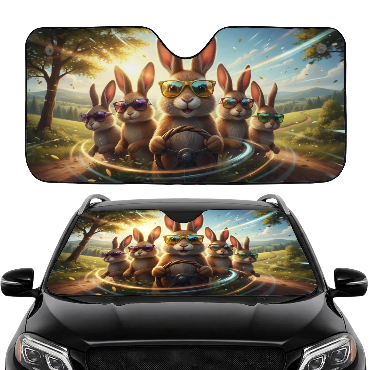 Anthropomorphic Rabbits Colorful Sunglasses Driving Rural Landscape - Wildlife Lover Gift Car Sunshade - 1