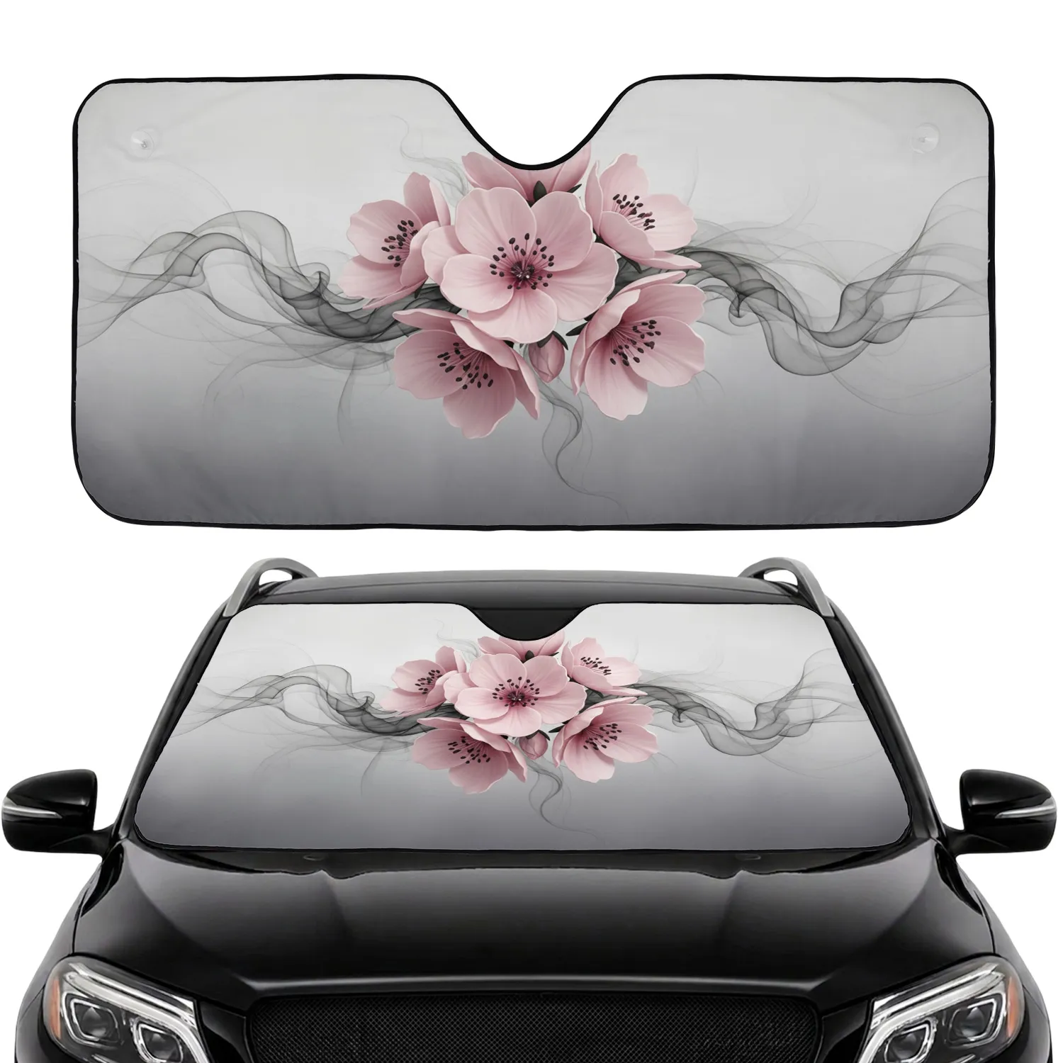 Delicate Pink Flowers Swirling Dark Tendrils Misty Gray - Car Decor Gift Car Sunshade - 1