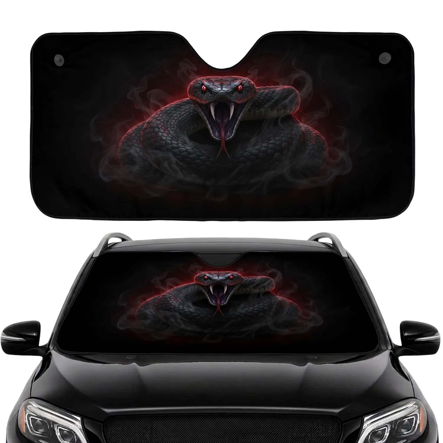 Black Viper Coiled Striking Snake Razor Fangs Glowing Red Eyes - Wildlife Reptile Lover Gift Car Sunshade - 1