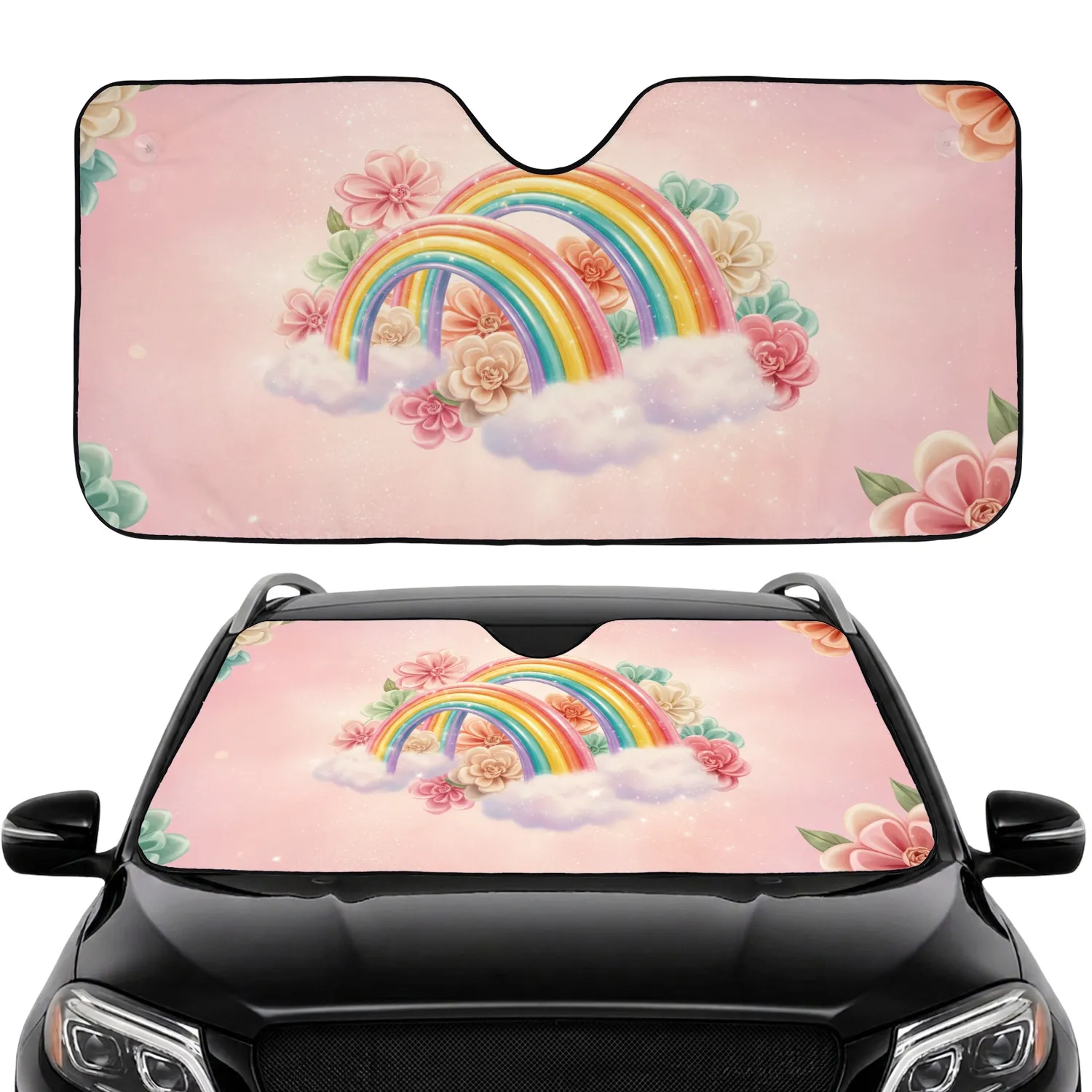 Iridescent Ribbon Rainbows Ribbon Flowers Puffy Clouds Glitter - Everyday Vehicle Decor Gift Car Sunshade - 1