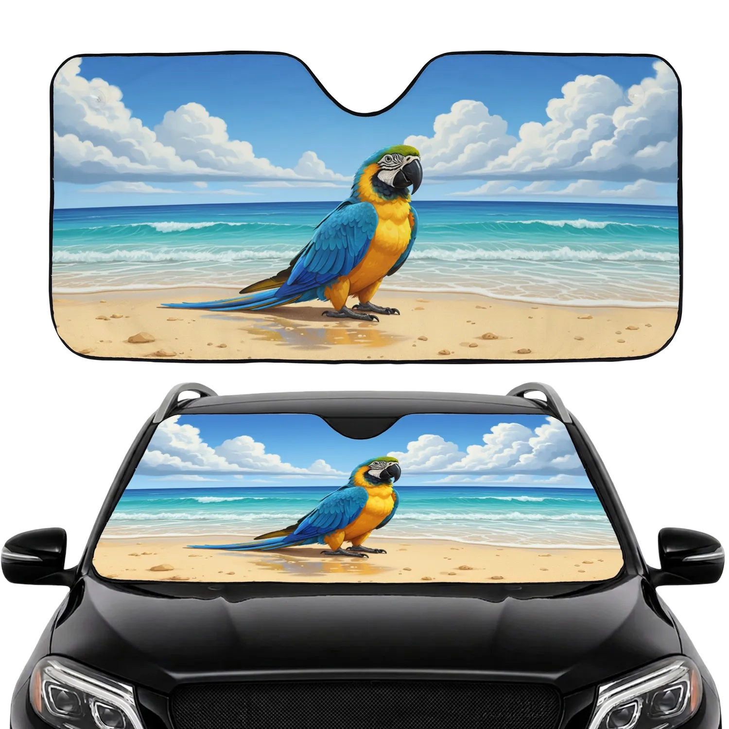 Majestic Blue Yellow Macaw Tropical Beach Ocean Sky - Bird Lover Decor Car Sunshade - 1