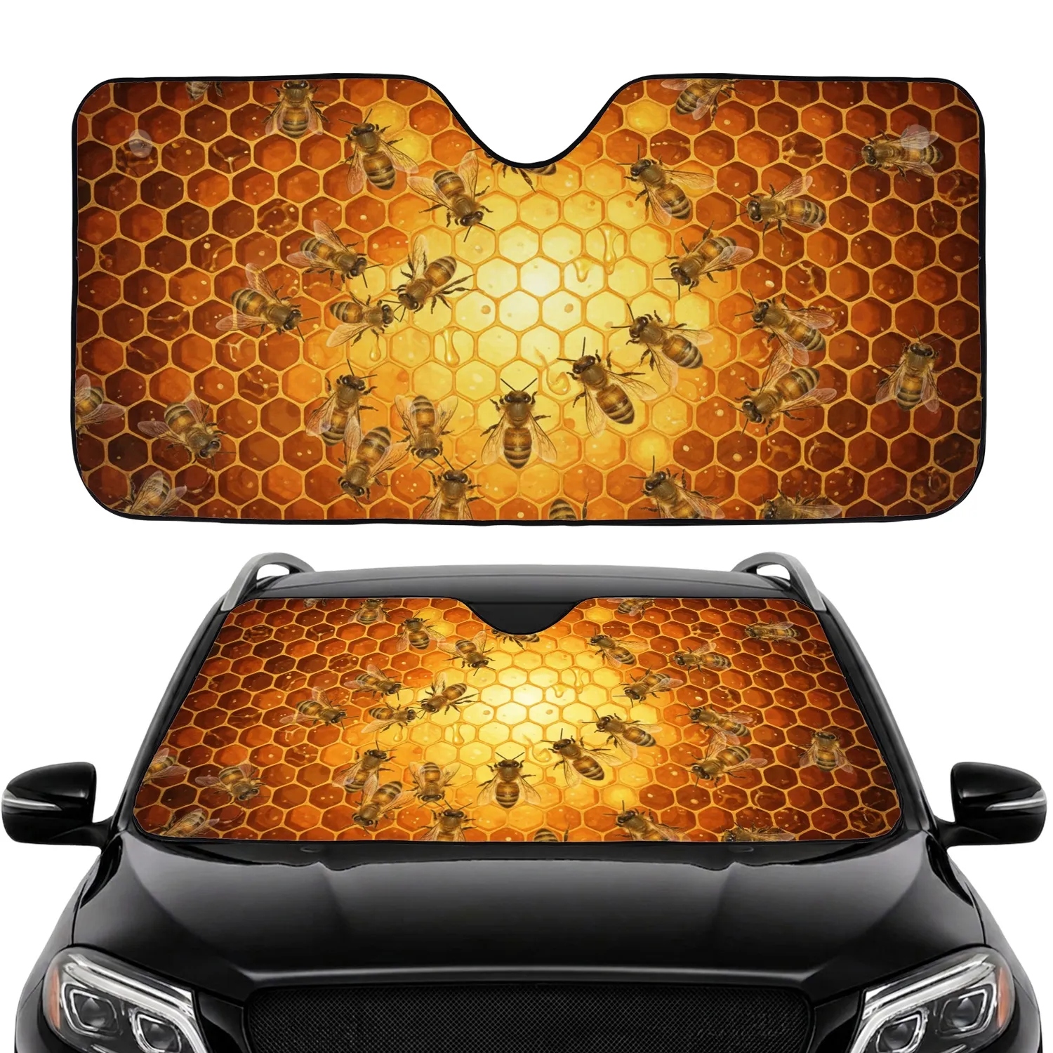 Fuzzy Honey Bees Nectar Rich Golden Honeycomb Drips - Bee Lover Everyday Use Gift Car Sunshade - 1