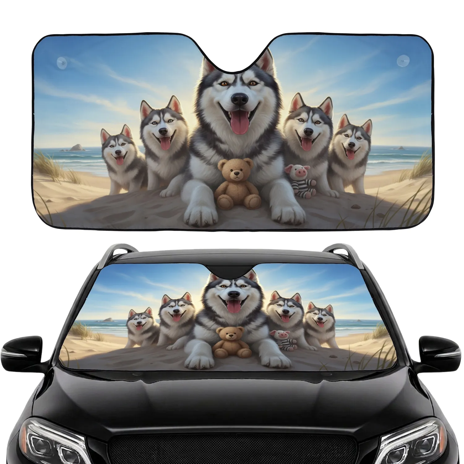 Five Happy Huskies Coastal Sand Dune Ocean - Dog Lover Adventure Travel Gift Car Sunshade - 1