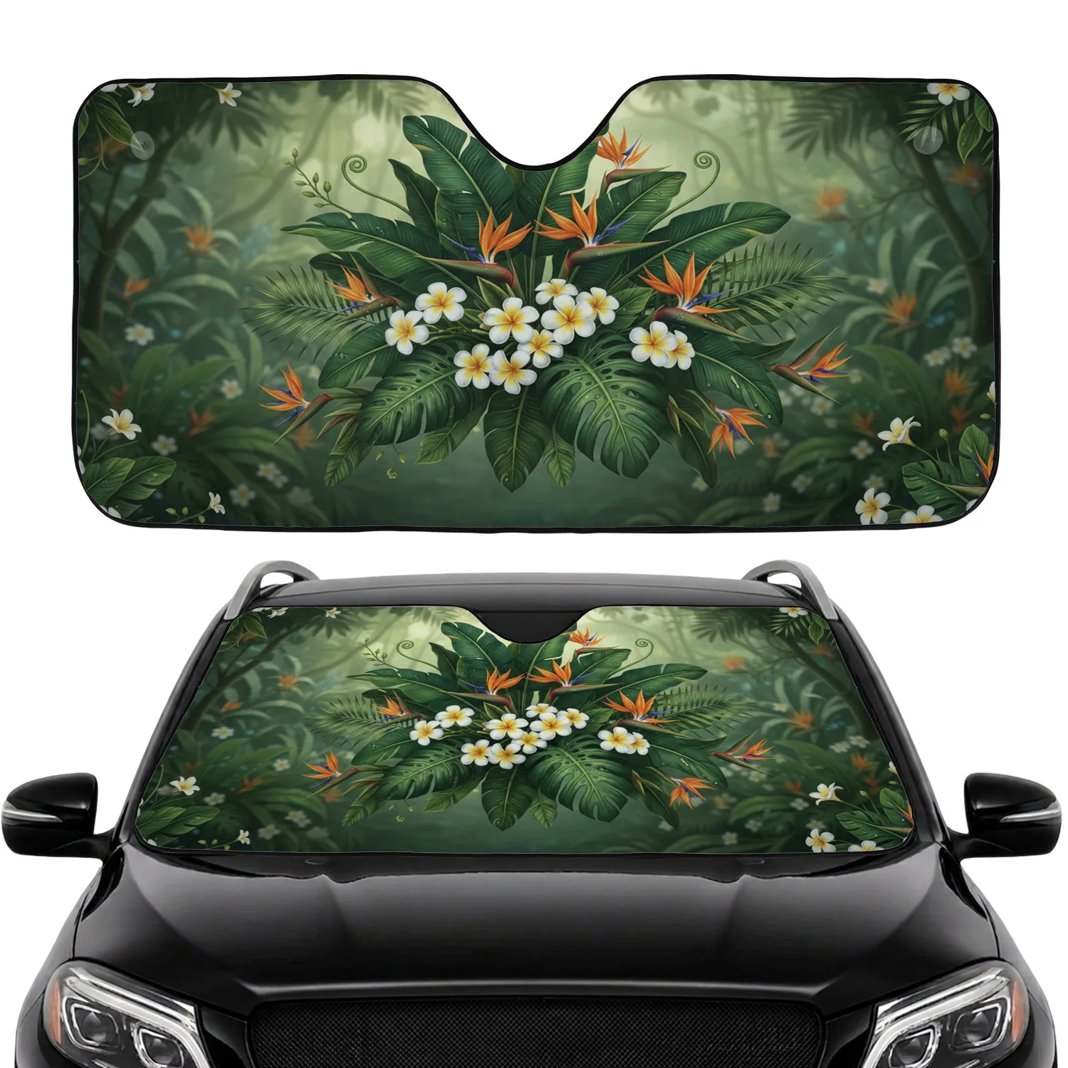 Lush Tropical Foliage Banana Leaves Plumeria Bird of Paradise Flowers - Car Decor Gift Car Sunshade - 1