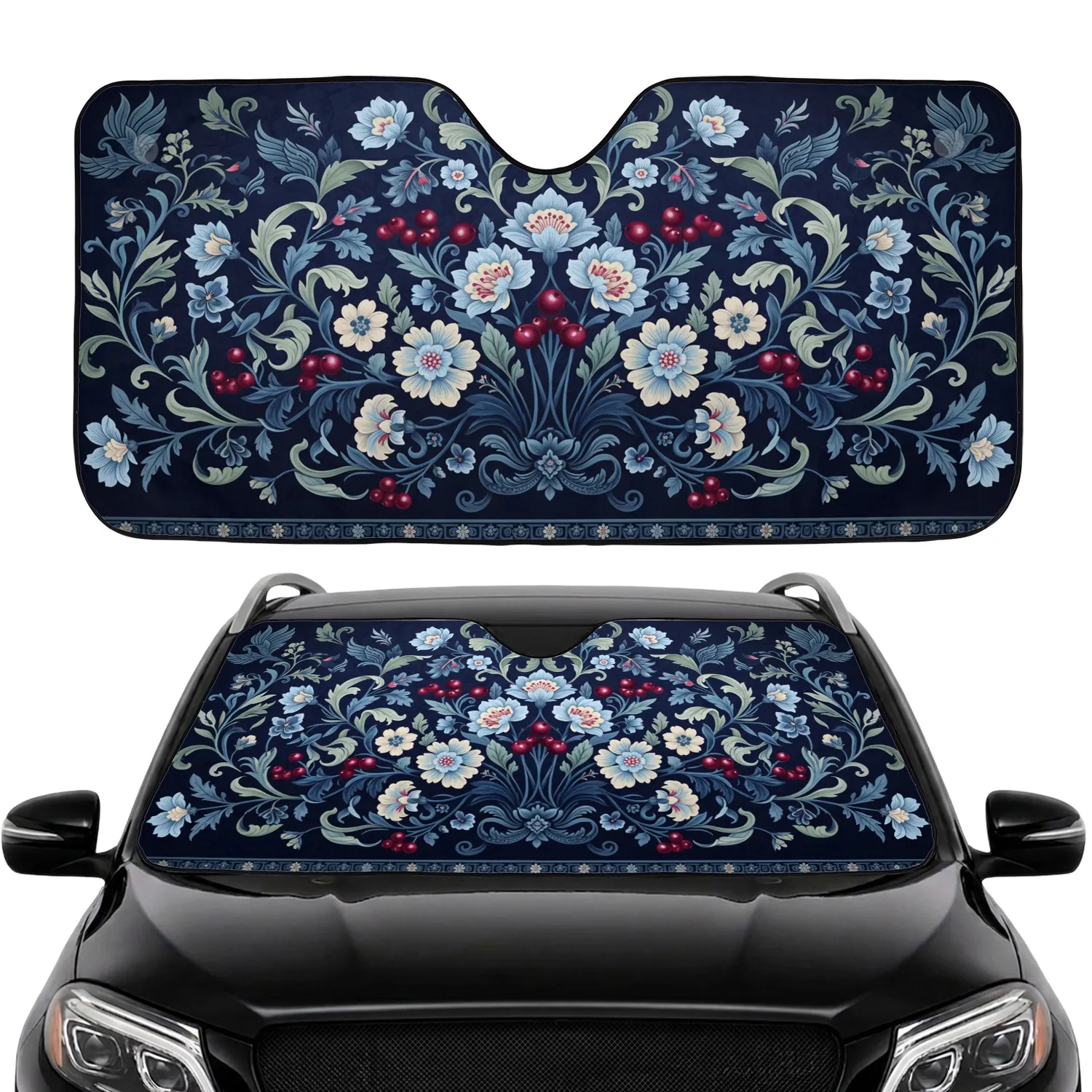 Floral Tapestry Light Blue White Crimson Red Berries Vines - Car Decor Gift Car Sunshade - 1