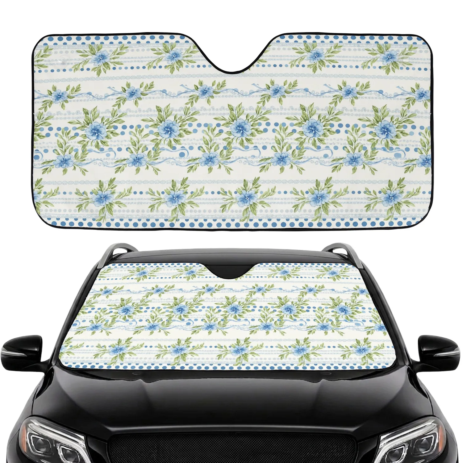 Elegant Watercolor Blue Floral Sprigs Blossoms Leaves Ribbons Polka Dot Scalloped Car Sunshade - 1