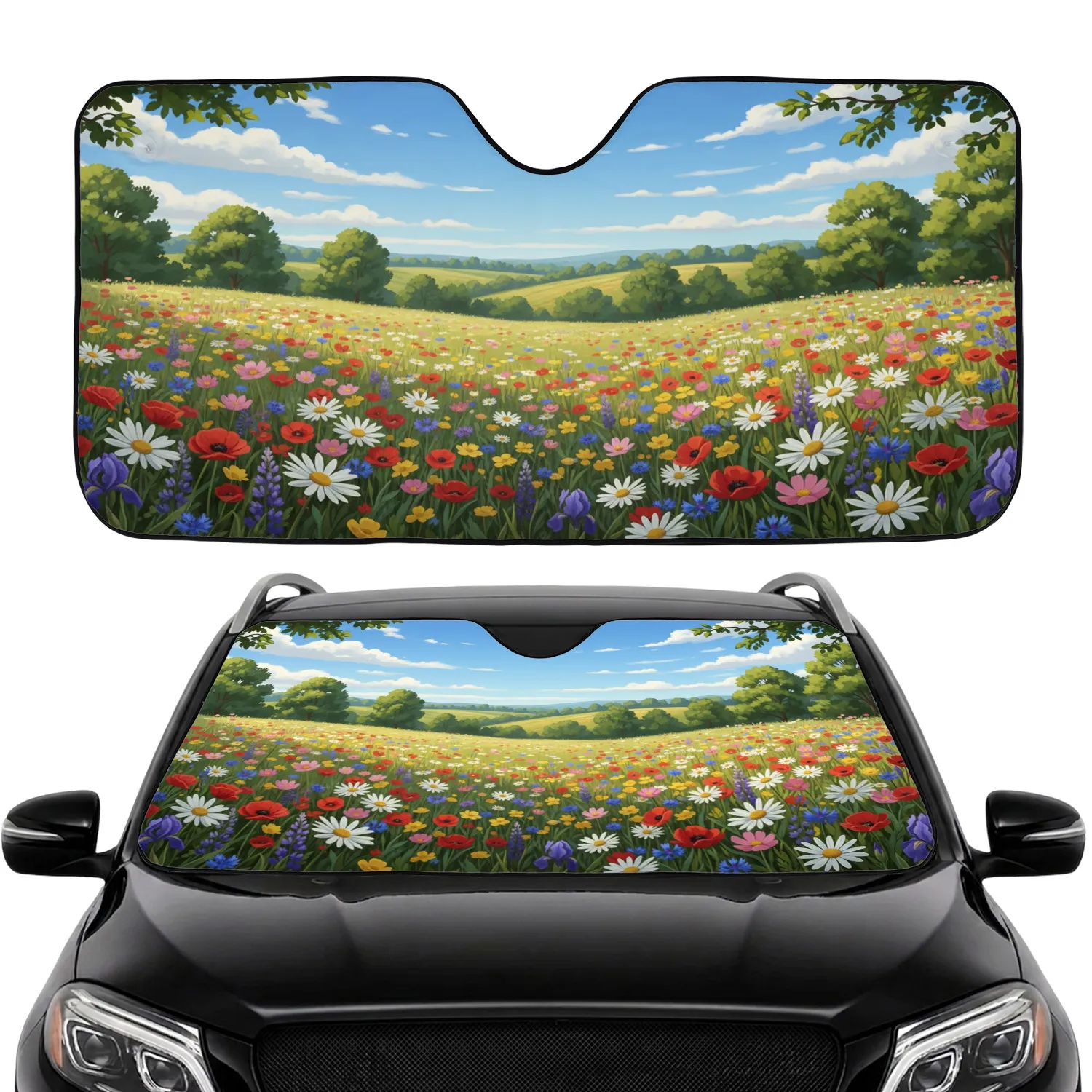 Wildflower Meadow Poppies Rolling Hills Green Trees Cumulus Clouds - Car Decor Gift Car Sunshade - 1