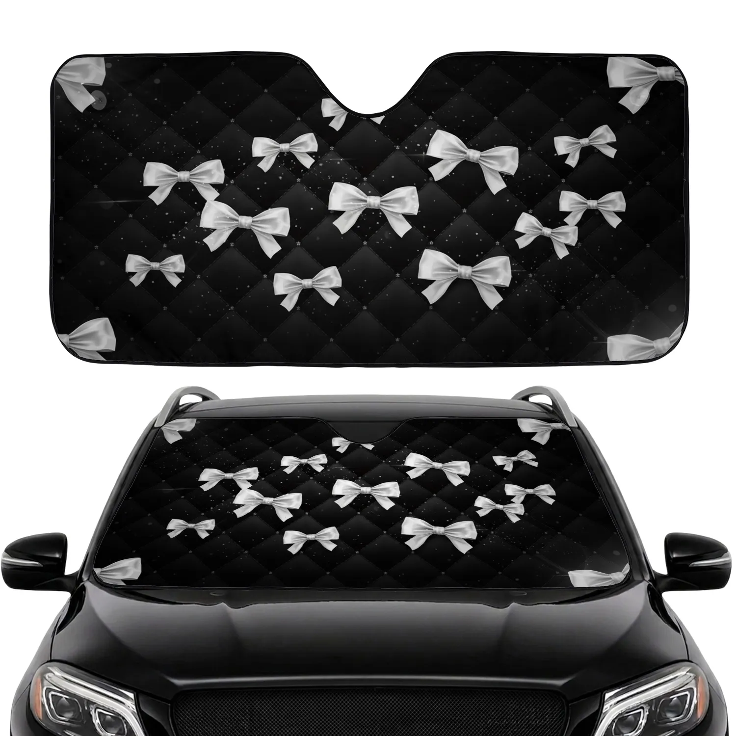 High Fashion White Bows Small Dots Diamond Quilted Black - Car Decor Gift Car Sunshade - 1
