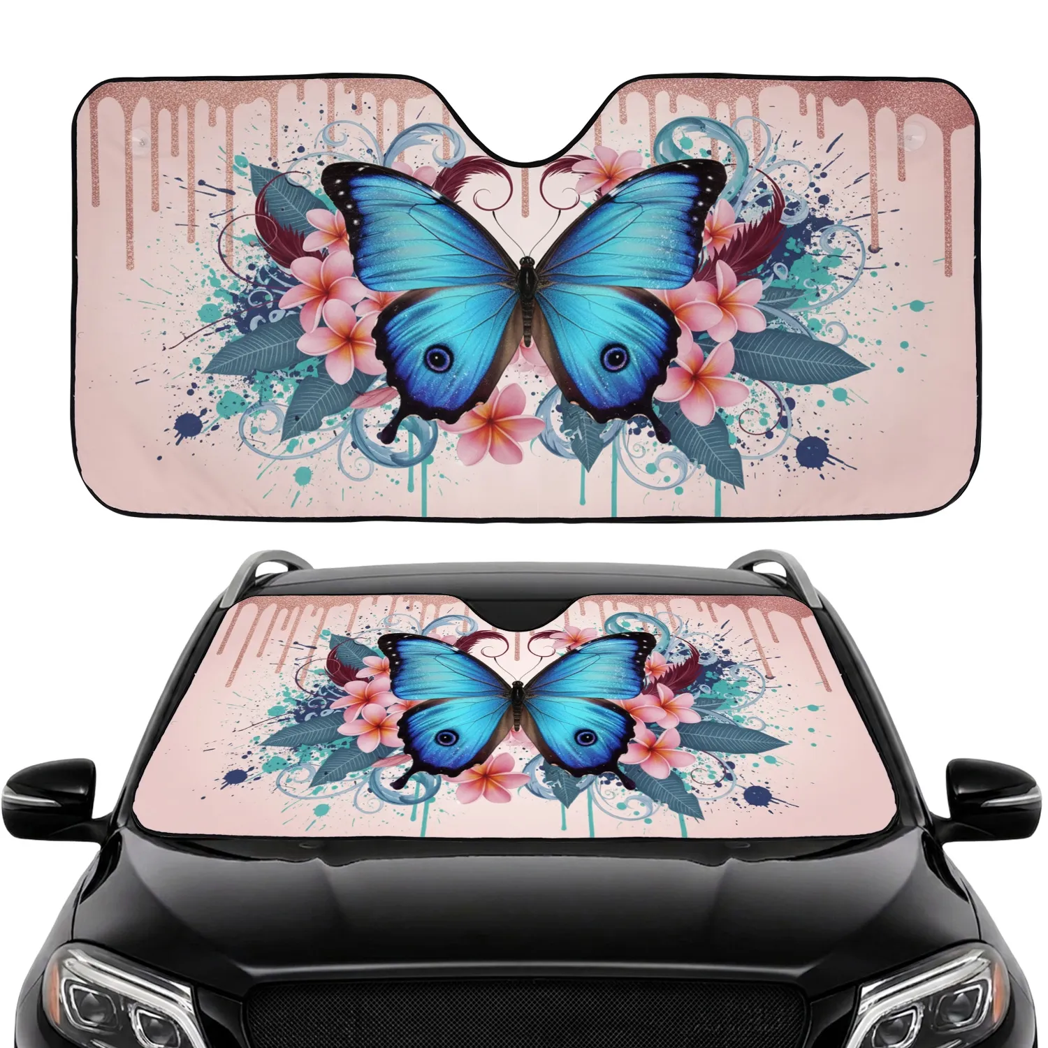 Blue Morpho Butterfly Plumeria Flowers Botanical Leaves - Nature Lover Gift Car Sunshade - 1