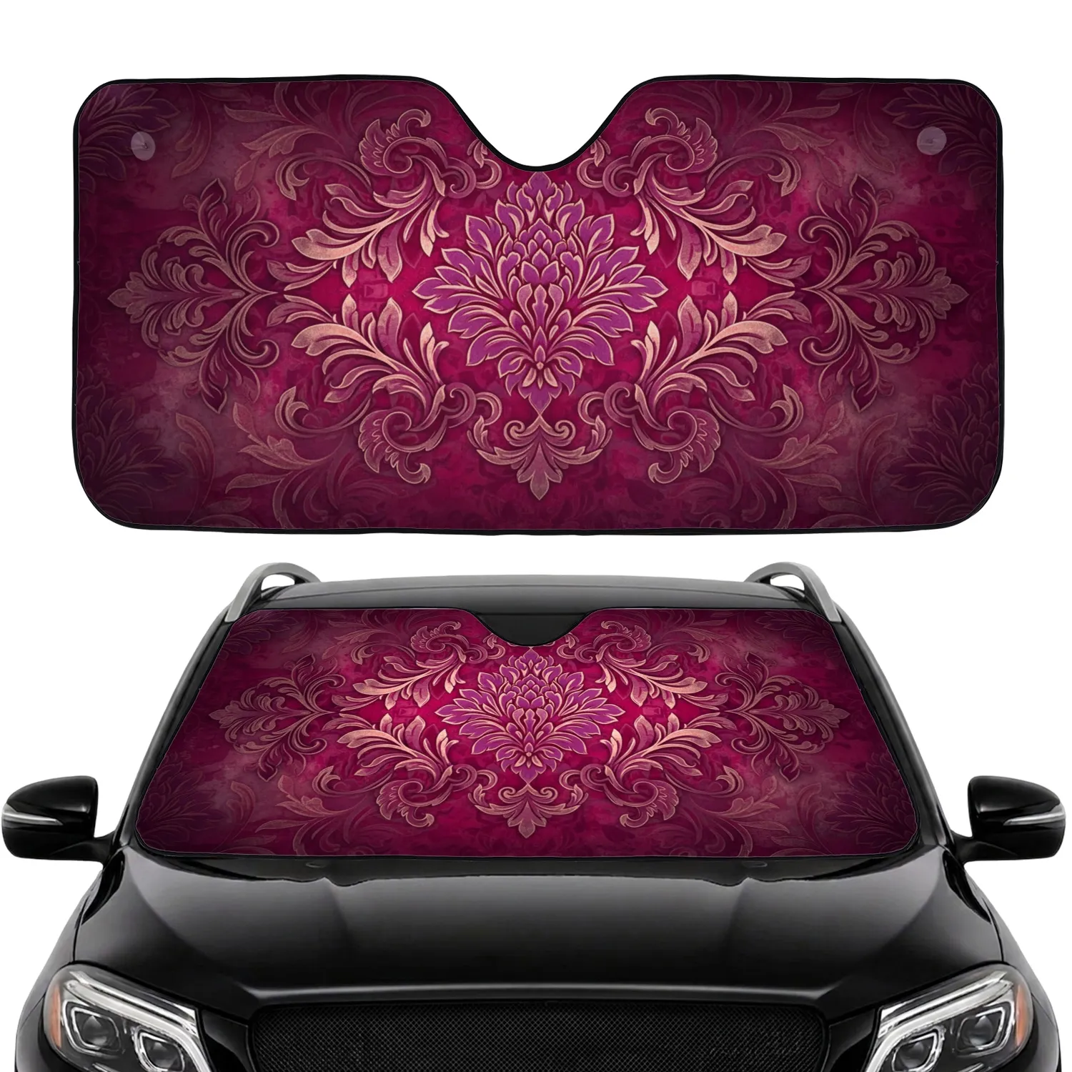 Damask Floral Blossoms Swirling Foliage Baroque Scrolls - Everyday Opulence Car Sunshade - 1
