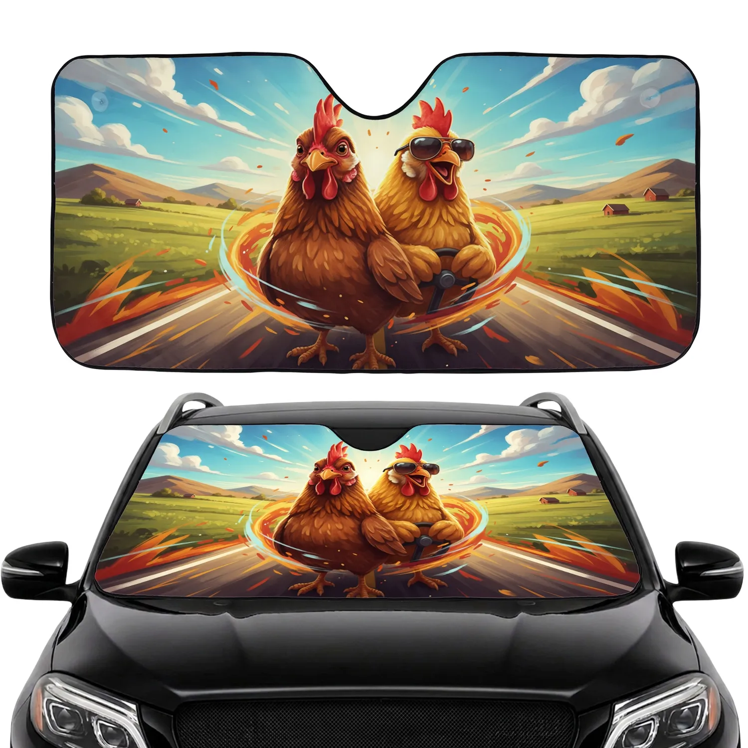 Chickens Driving Sunglasses Countryside Journey - Everyday Travel Gift for Animal Lover Car Sunshade - 1