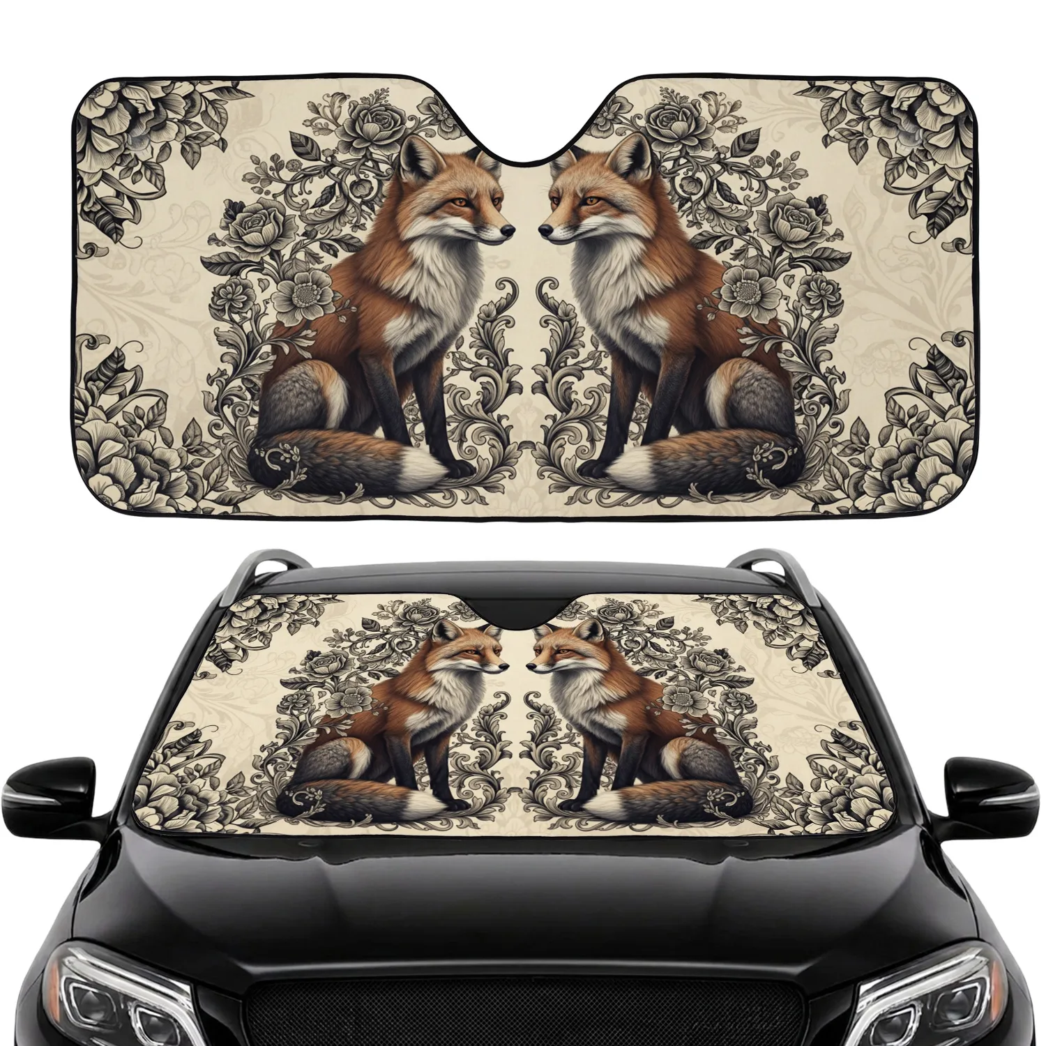 Realistic Symmetrical Foxes Botanical Floral Vines - Nature Lover Car Decor Gift Car Sunshade - 1