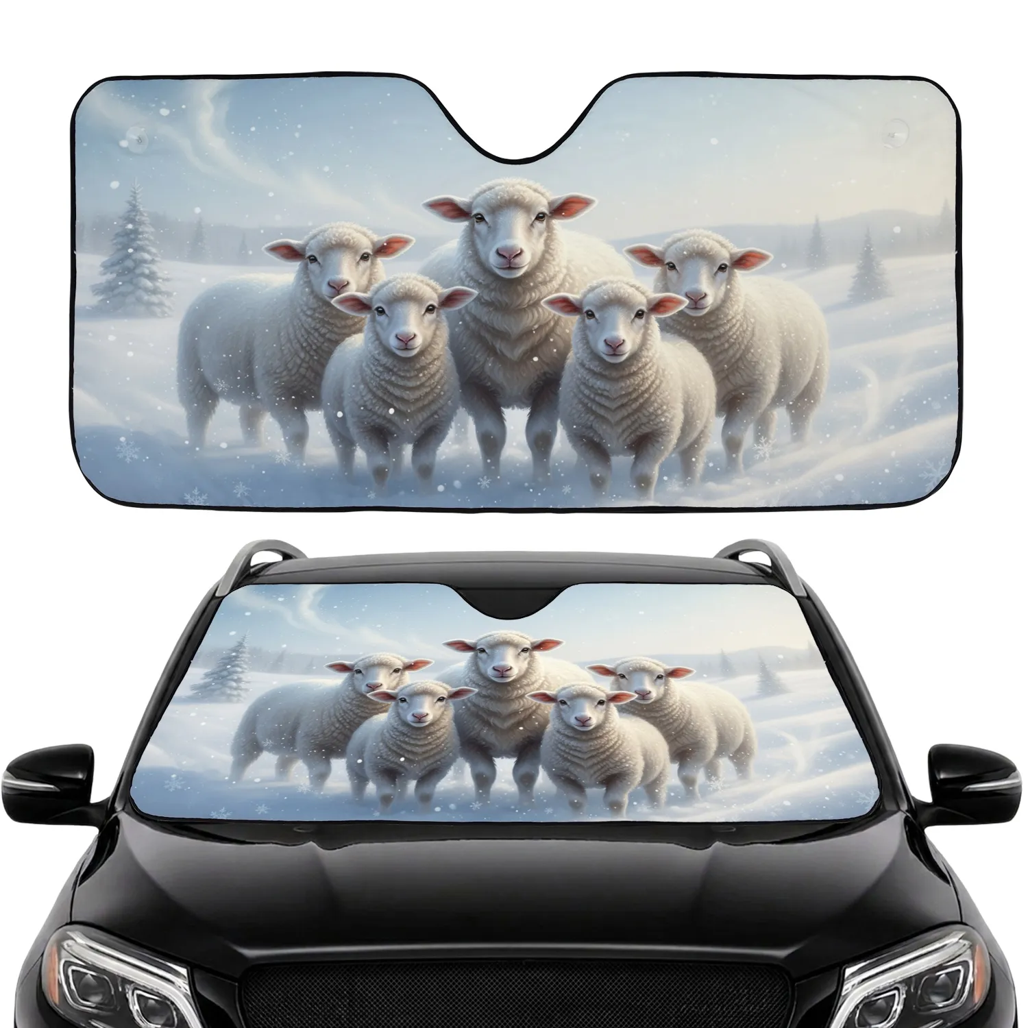 Five Fluffy Sheep Winter Pasture Snowfall - Winter Wonderland Gift for Sheep Lover Car Sunshade - 1