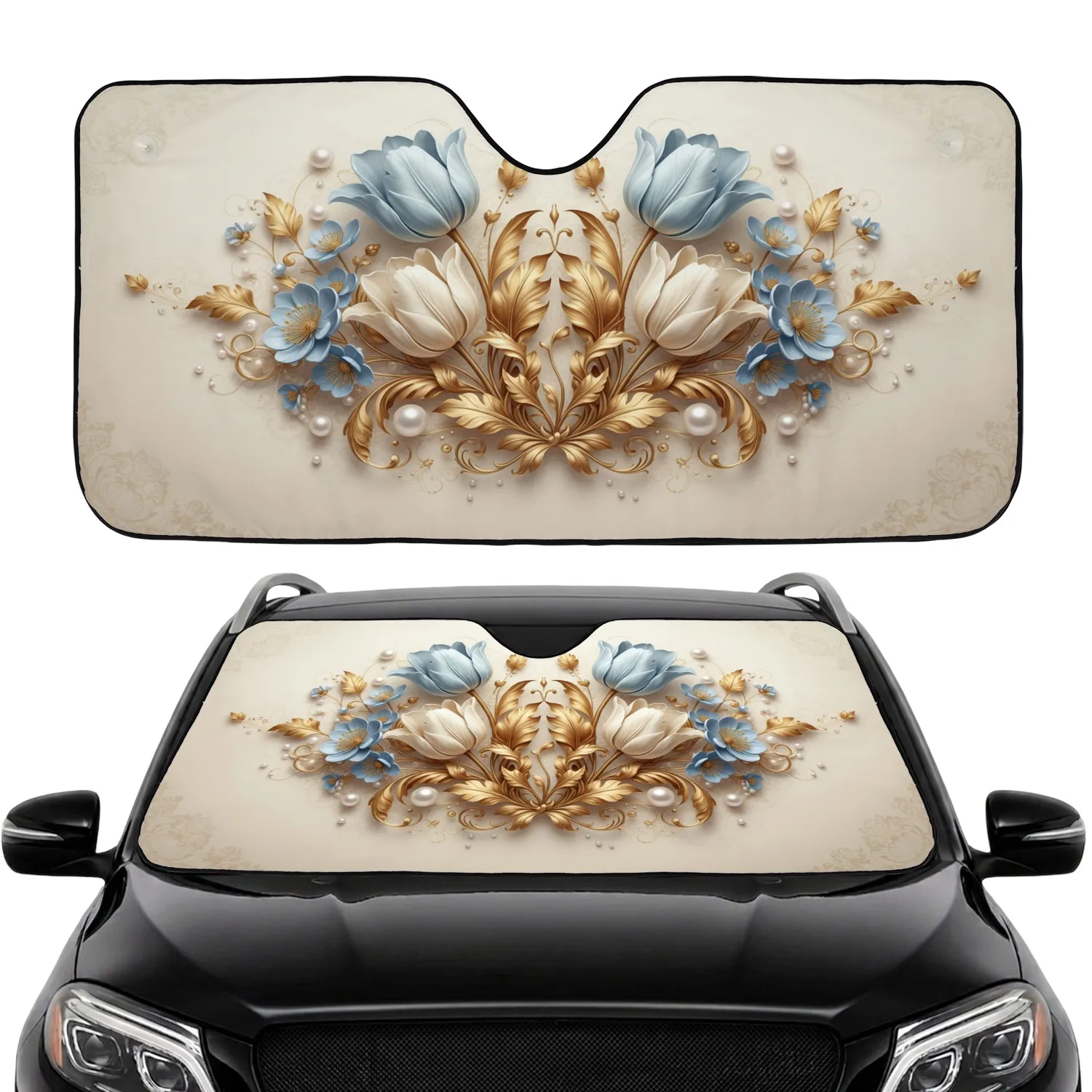 Symmetrical Ivory Blue Tulip Gold Leaves Blue Flowers Pearls - Luxury Car Decor Gift Car Sunshade - 1