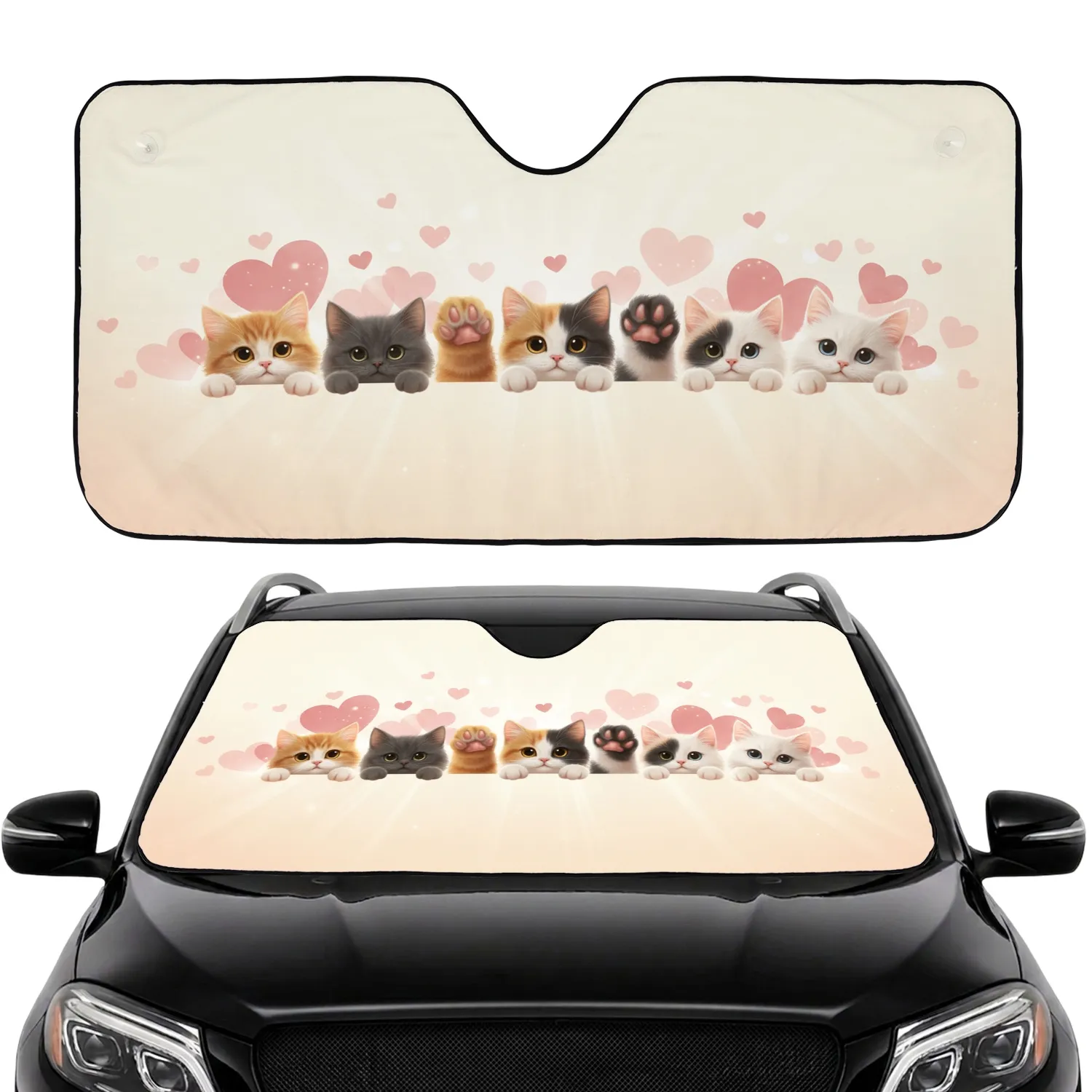 Curious Calico Tuxedo Ginger Cat Paws Floating Hearts - Cat Lover Everyday Life Gift Car Sunshade - 1