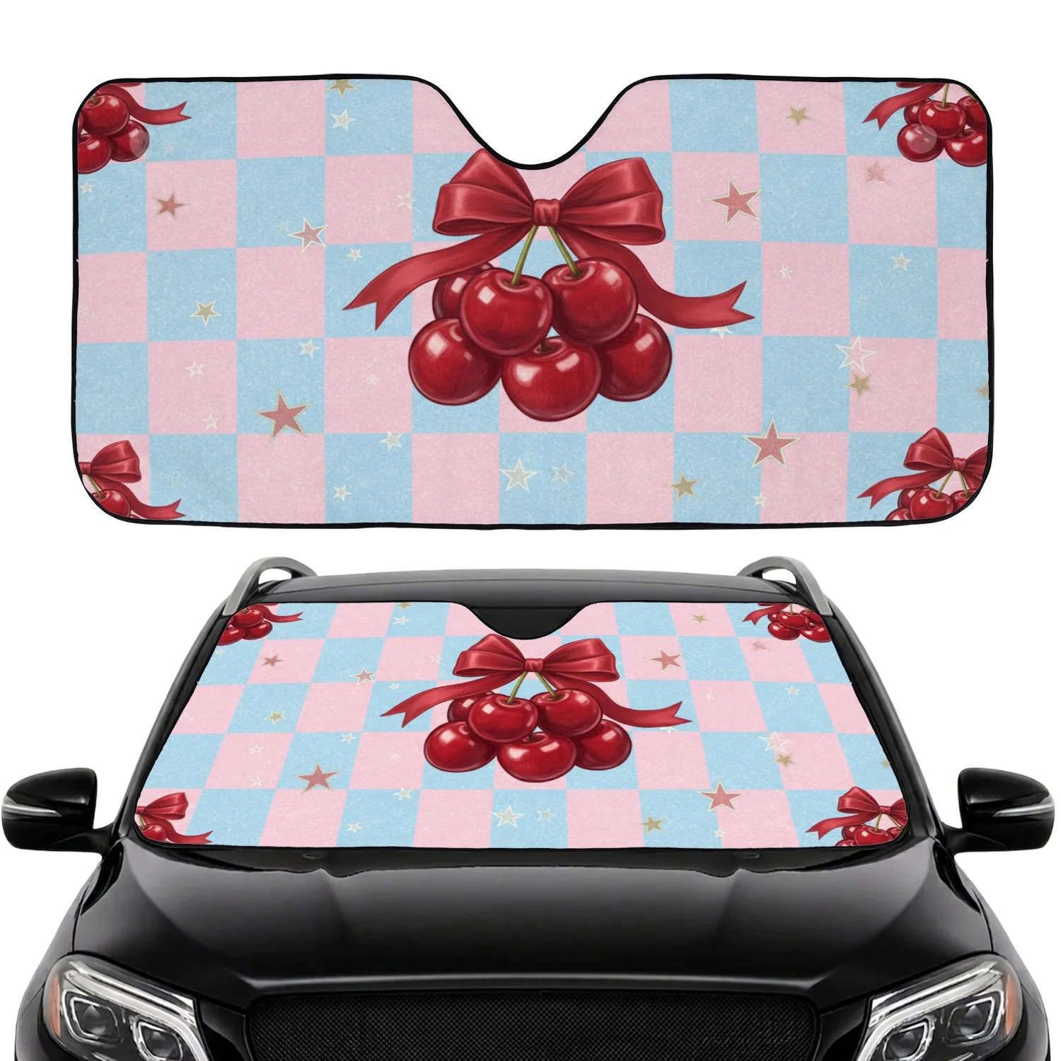 Plump Red Cherries Satin Bows Stars Checkerboard - Everyday Car Decor Gift Car Sunshade - 1